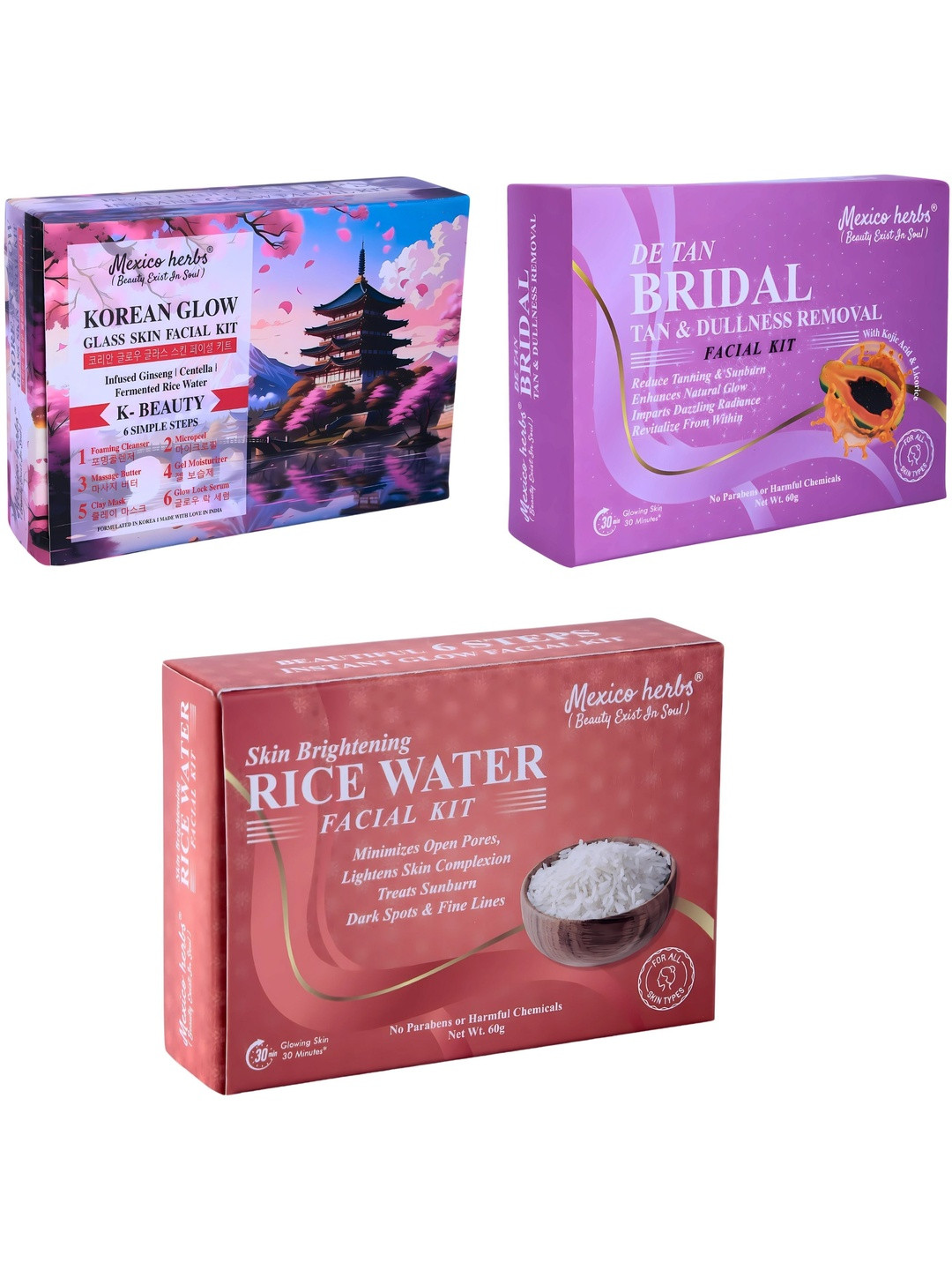 Mexico herbs Set Of 3 Korean Glow Glass Skin, Bridal & Rice Water Facial Kit - 10 g Each