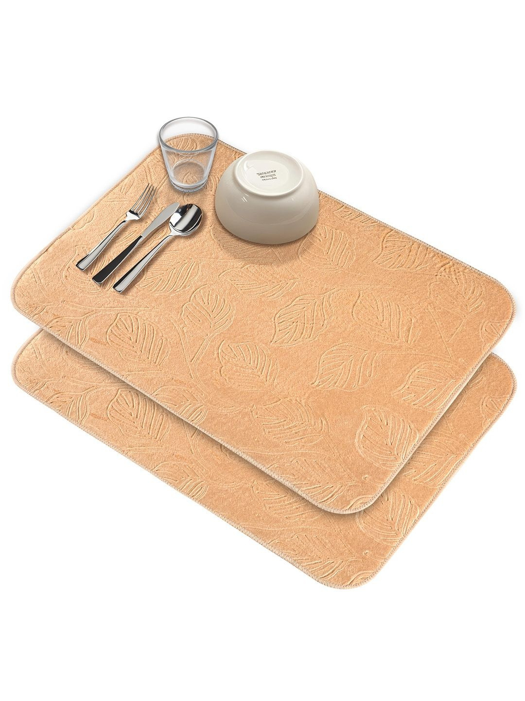 Aura 2Pcs Beige Self Design Anti-Skid Microfiber Dish Drying Kitchen Mats