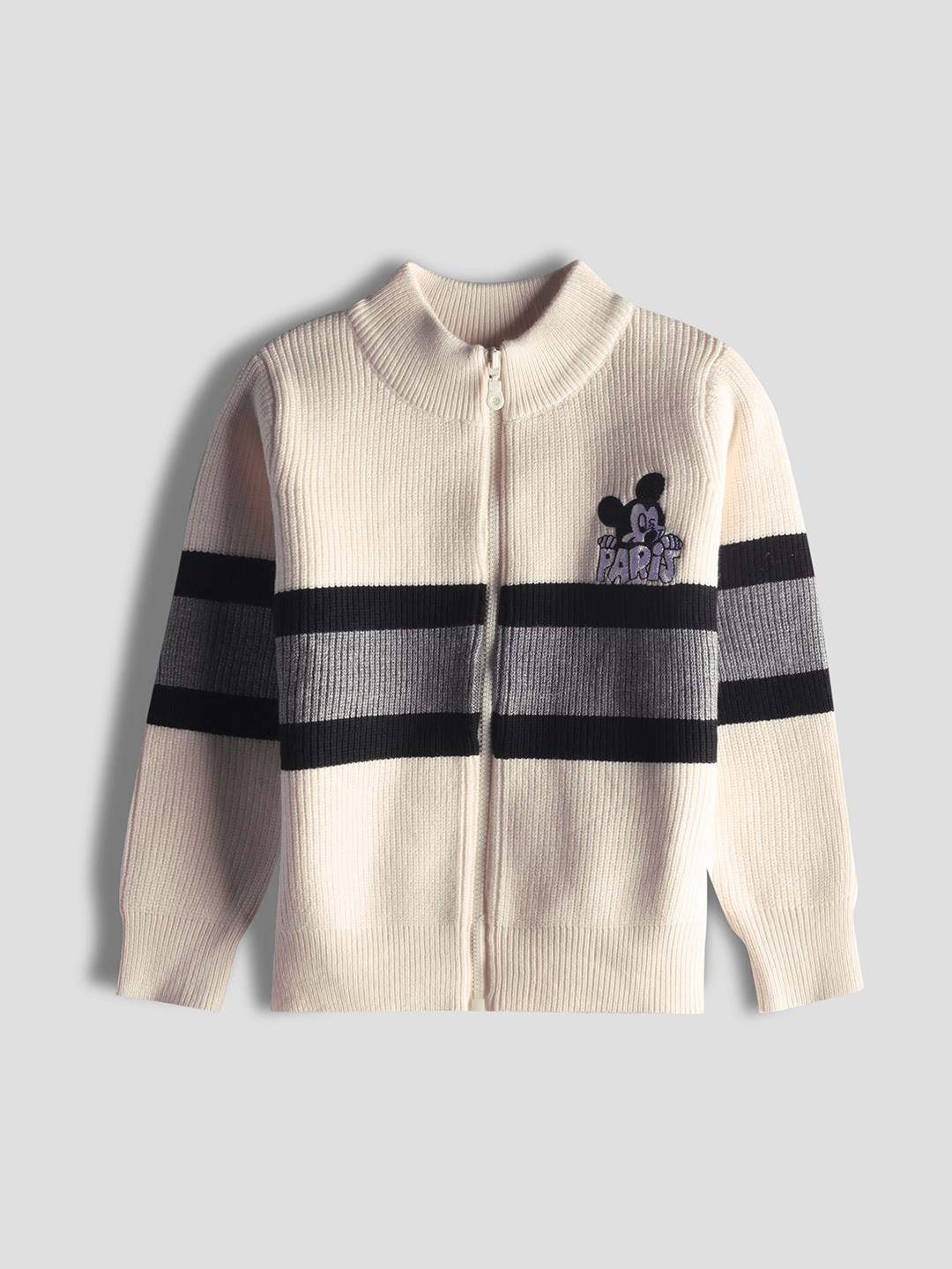 YK Kids Striped Mickey Mouse Mock Collar Woollen Front-Open Sweater