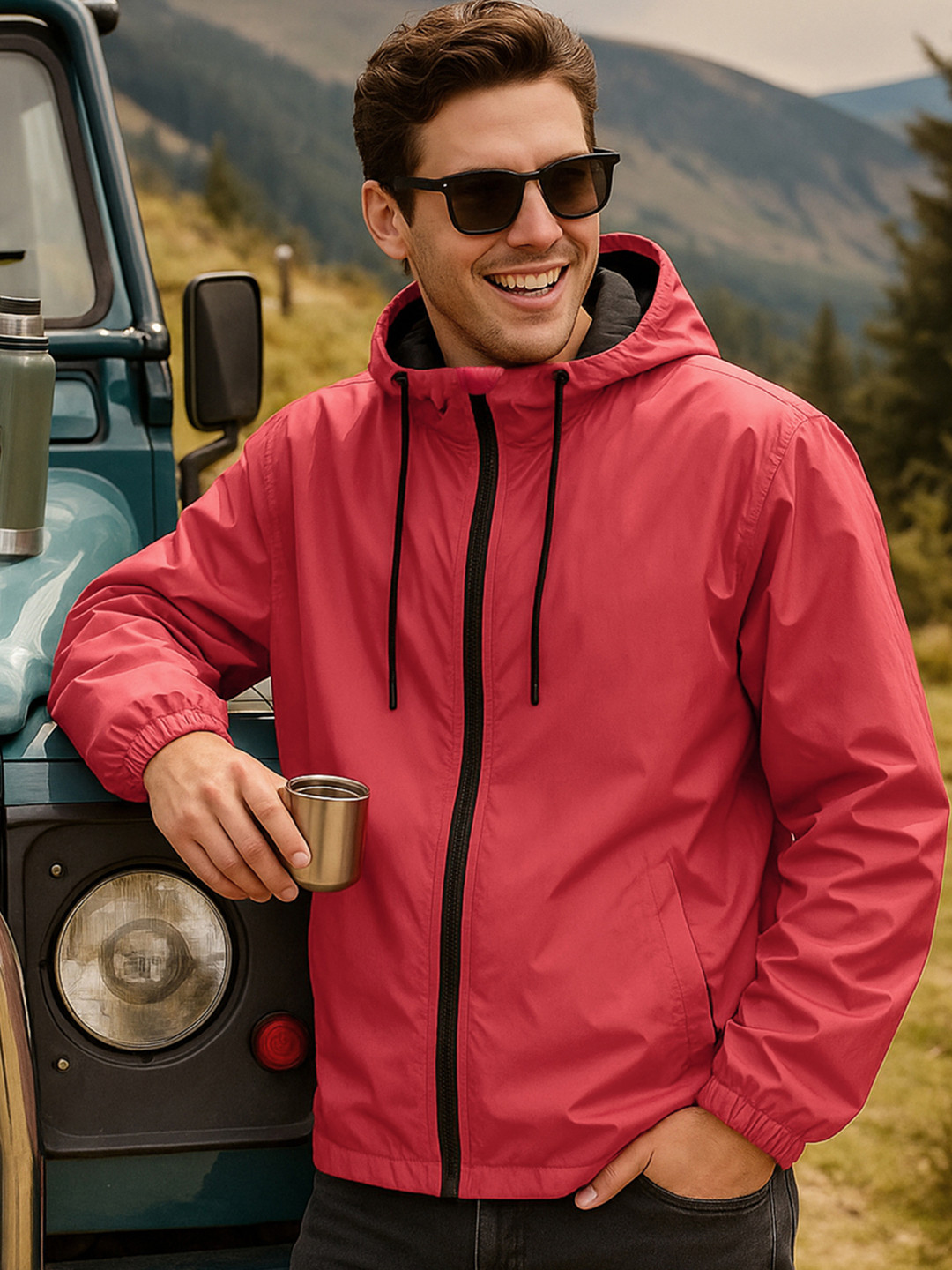 Bewakoof AIR Men's Red Oversized Hooded Windcheater Jacket