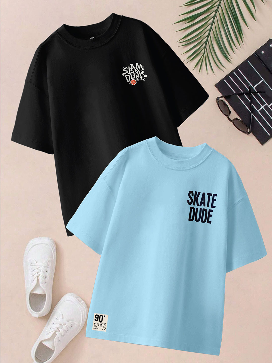 CODEZ Pack Of 2 Boys Typography Printed Round Neck Drop-Shoulder Sleeves Oversized T-shirt