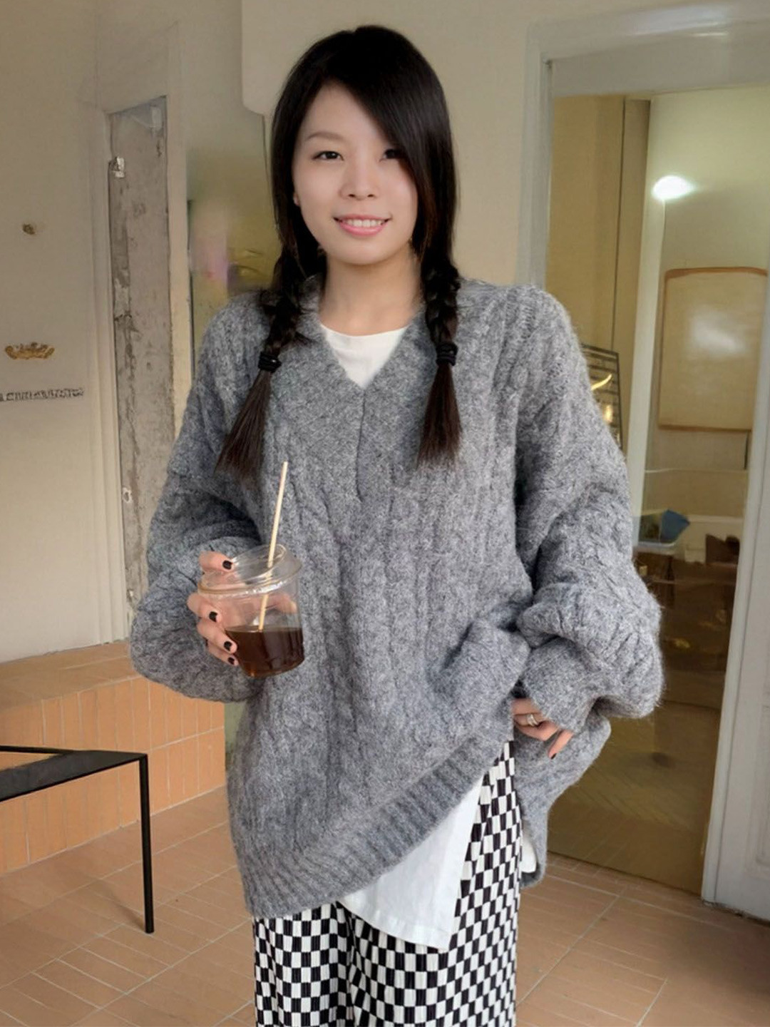 StyleCast Women Cable Knit V Neck Long Sleeve Oversized Pullover