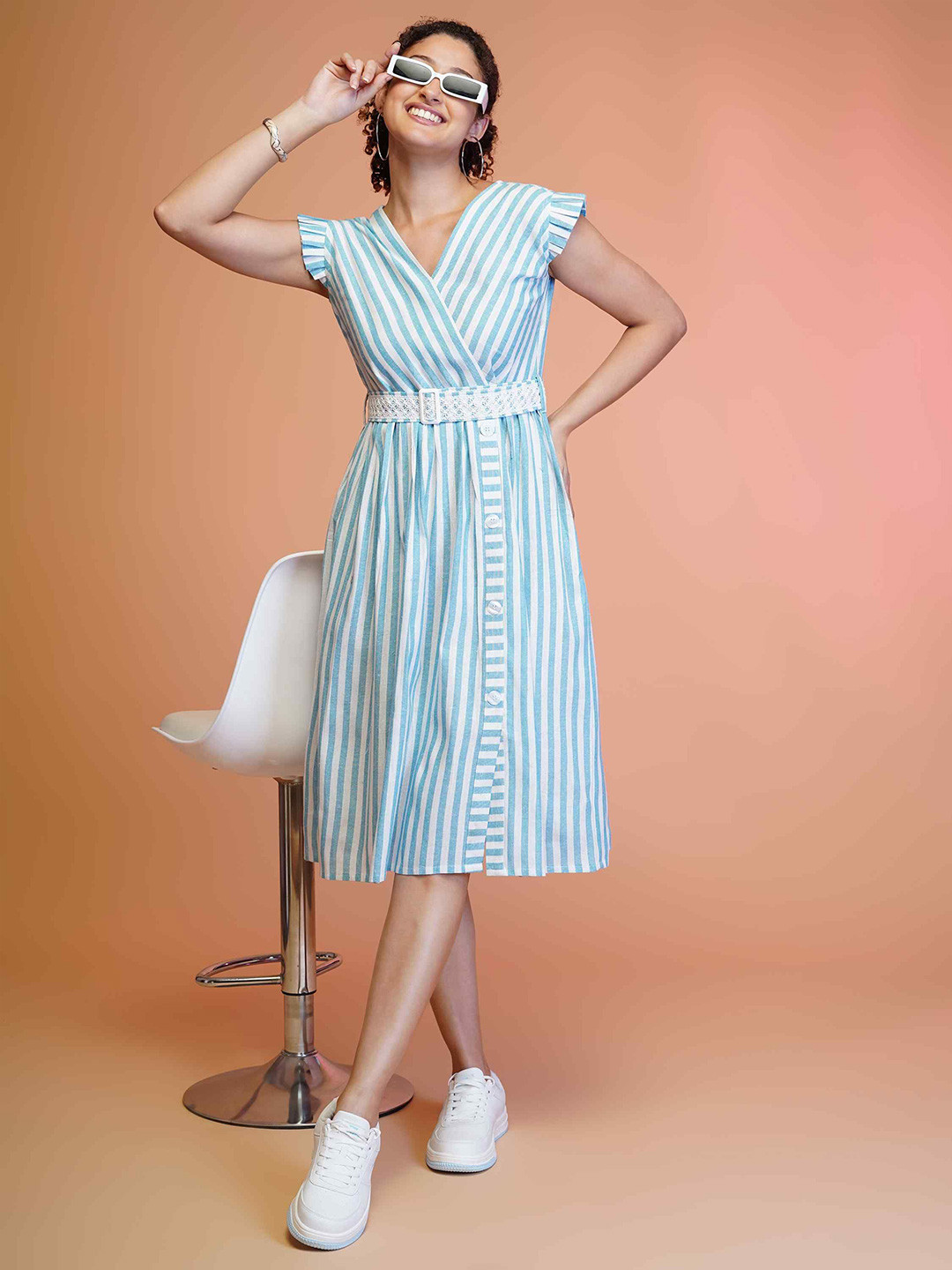 TextileNow Striped Cotton Flutter Sleeve Wrap Midi Dress