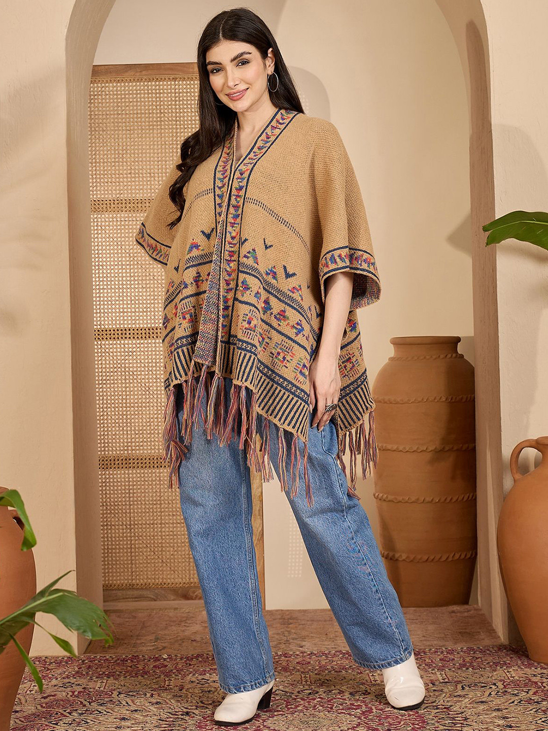 Sangria Winter Textured Woollen Fringe Hem Poncho