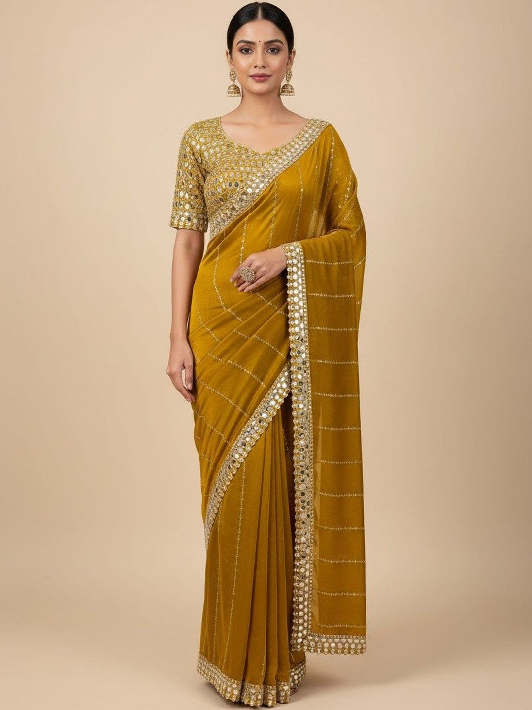 ROFOLO Embellished Mirror Work Satin Heavy Work Saree