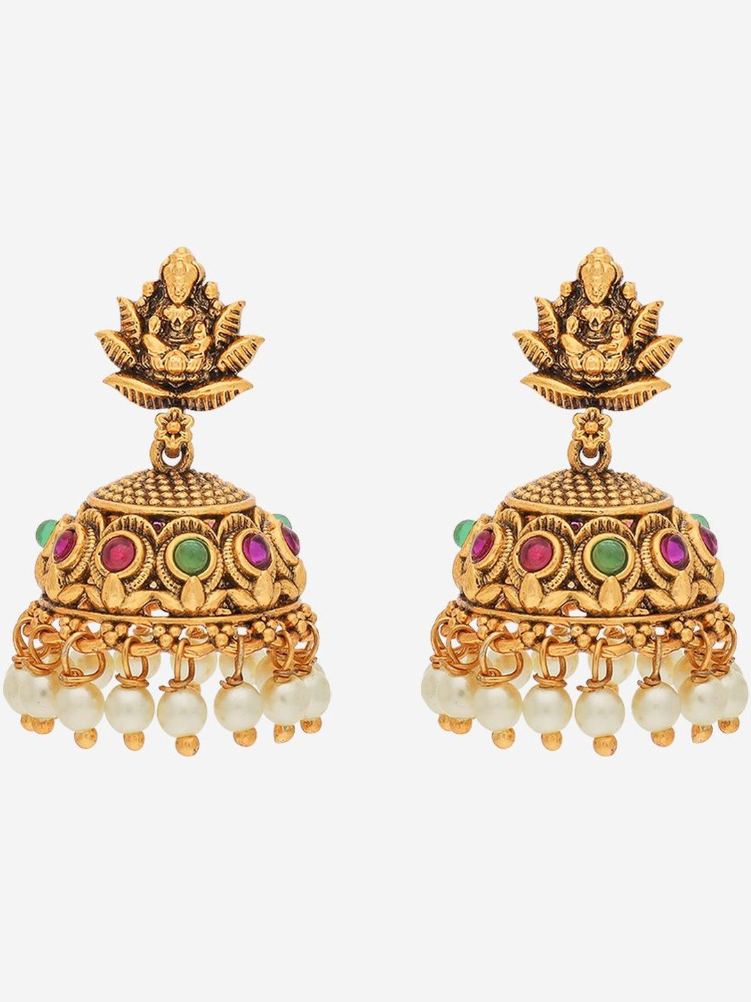 Kushal's Fashion Jewellery Gold-Plated Ruby Dome Shaped Jhumkas Earrings