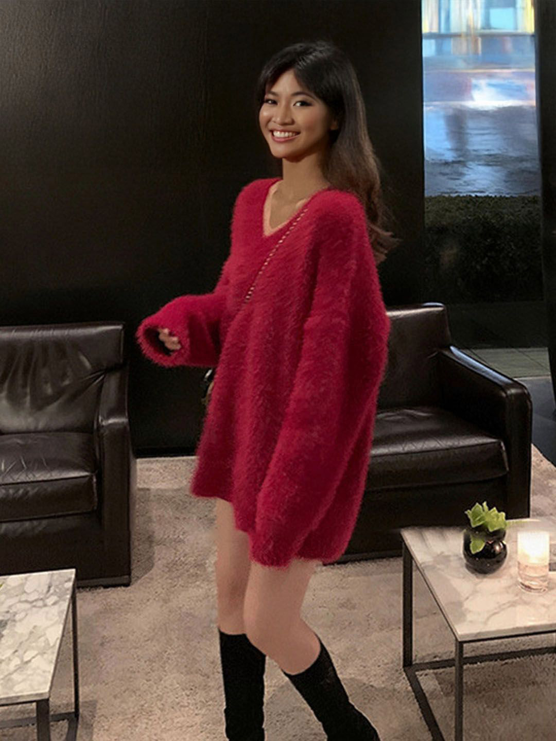 StyleCast Red Cable Knit Mini Dress with Long Sleeves
