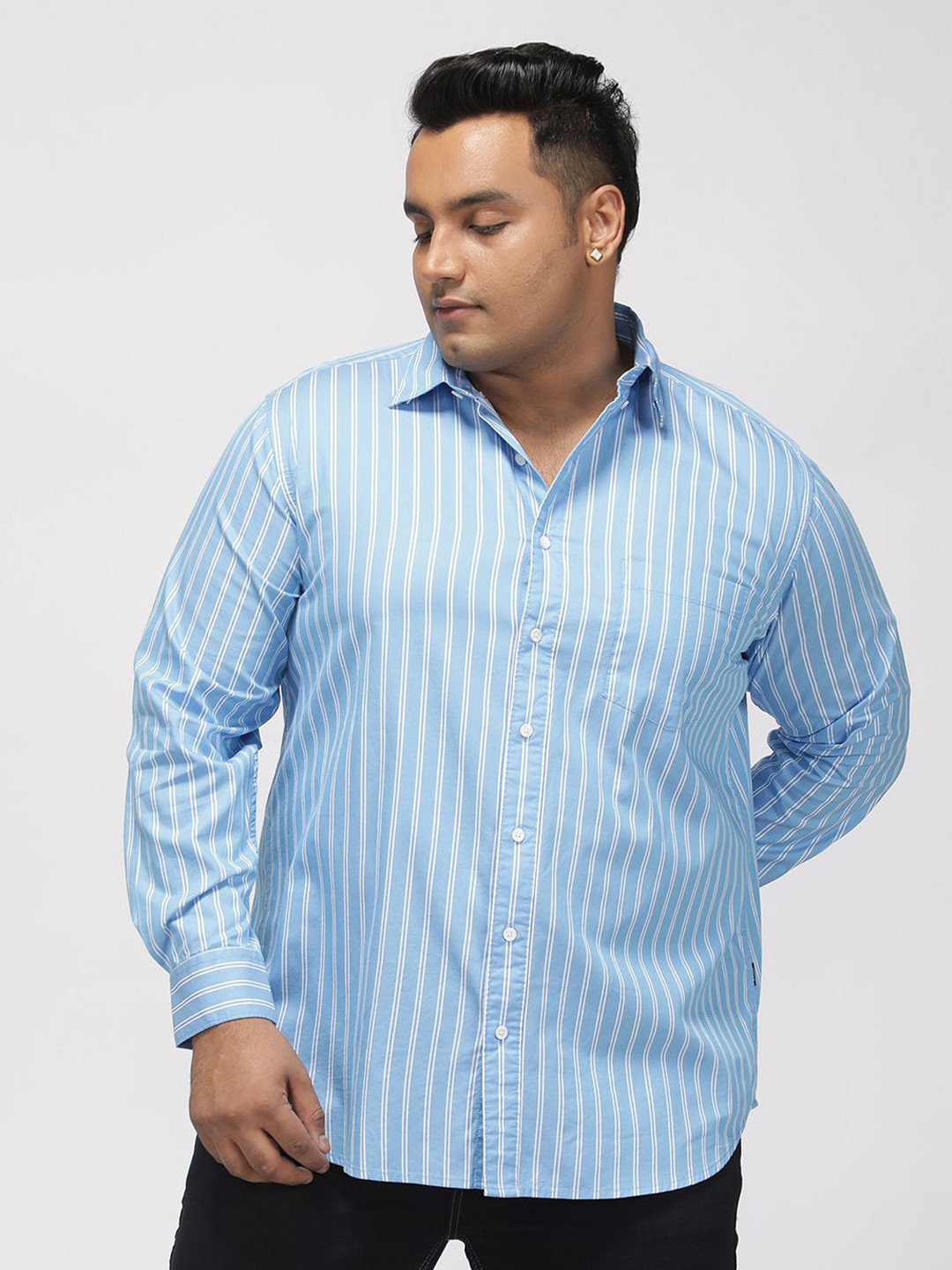 Big Hello - The Plus Life Plus Size Vertical Striped Long Sleeves Cotton Shirt