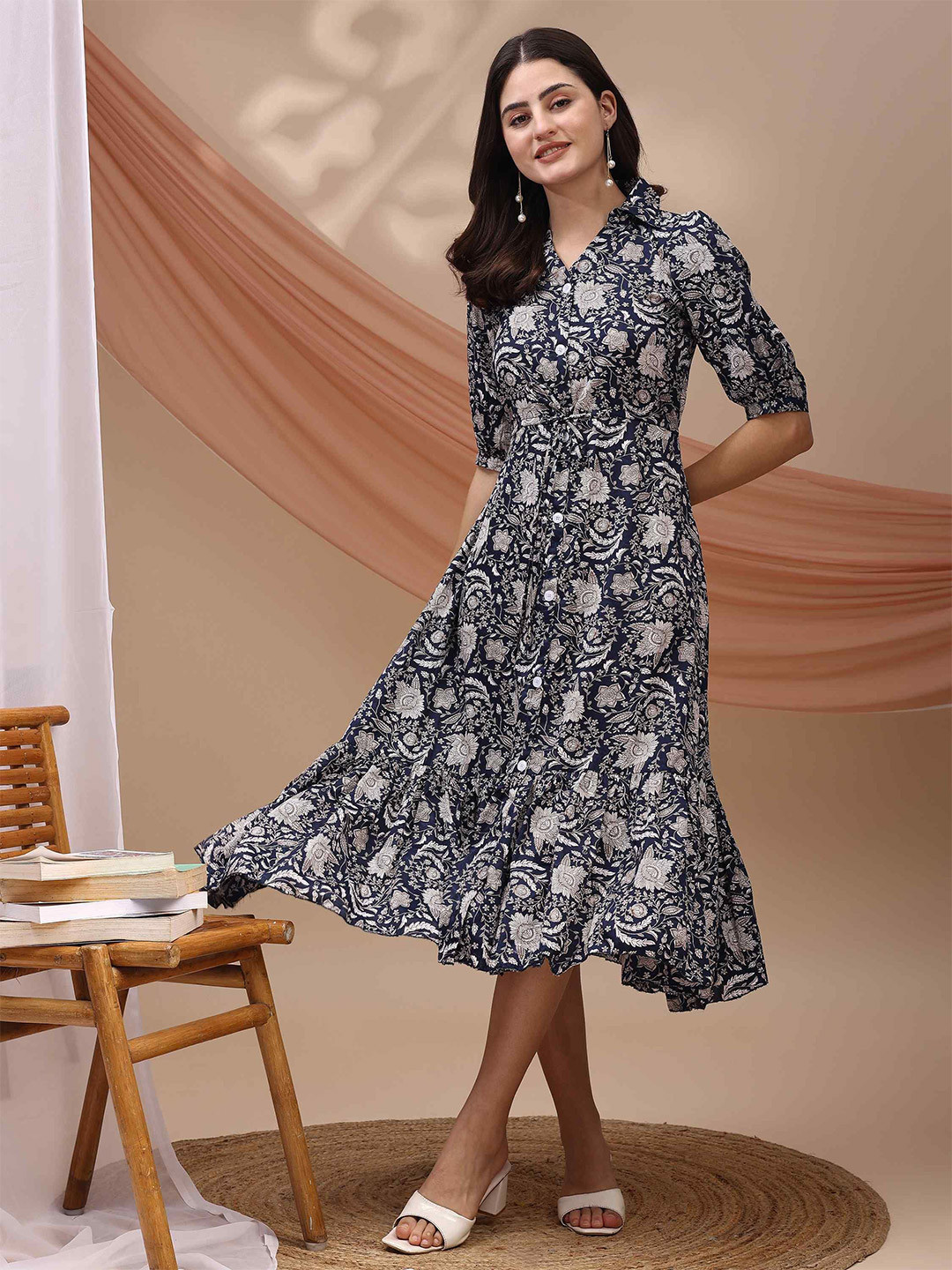 YANAMORA Women Floral Printed Shirt Collar Puff Sleeves Fit and Flare Midi Dress