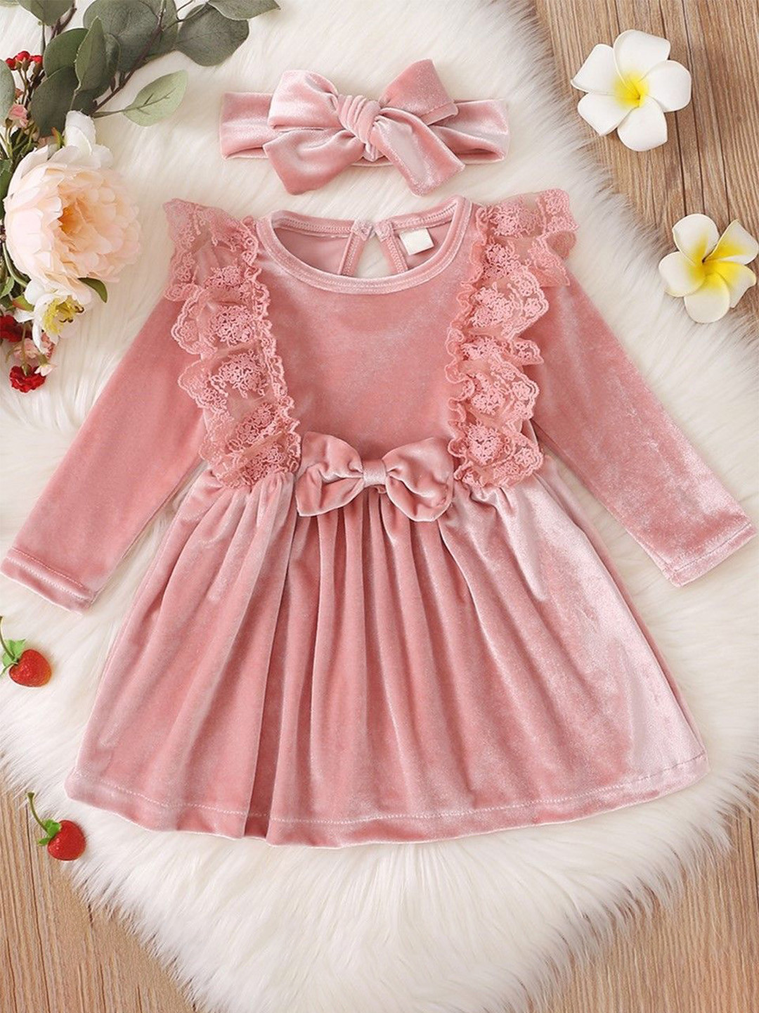 YK Girls Round Neck Long Sleeves Lace Inserts Fit & Flare Dress With Headband