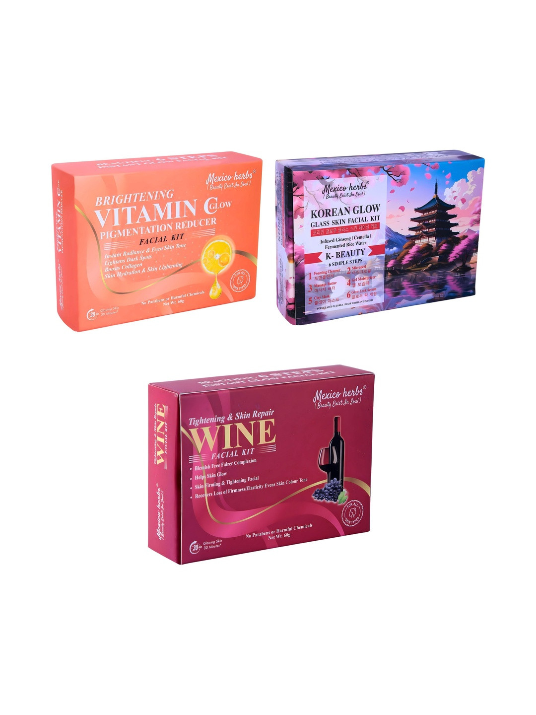 Mexico herbs Set Of 3 Vitamin C Wine & Korean Facial Kit - 60 g Each