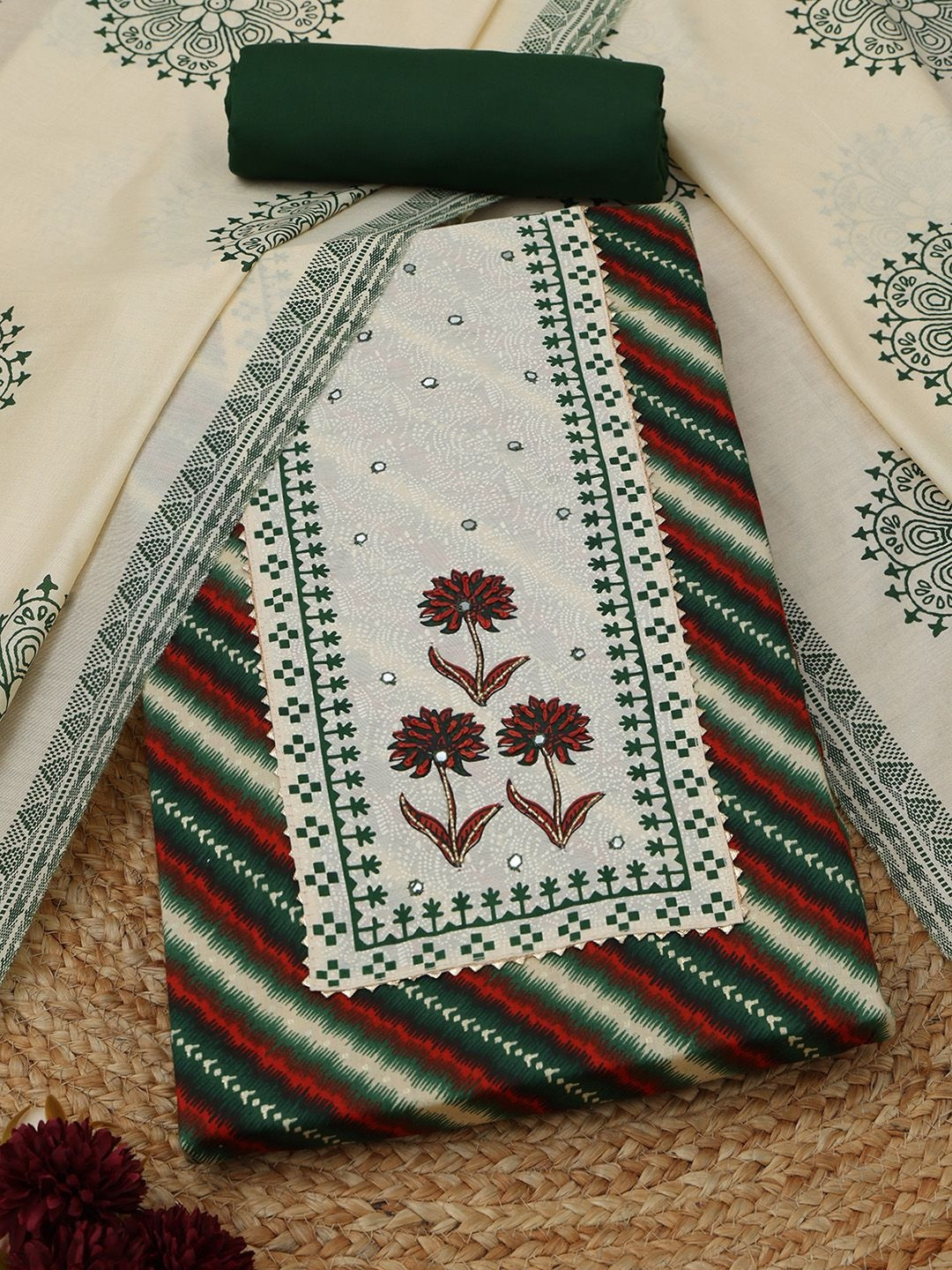 Soch Women Printed Cotton Unstitched Dress Material With Thread Work