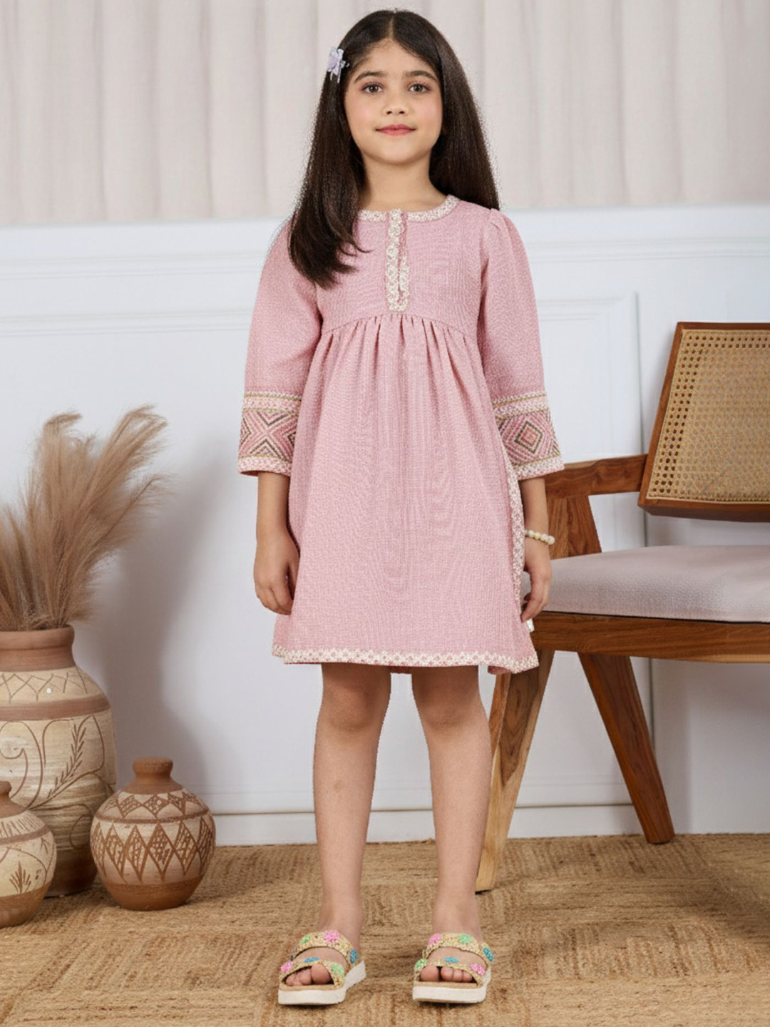 Lagorii Girls Textured Cotton Fit and Flare Dress with Embroidered Border