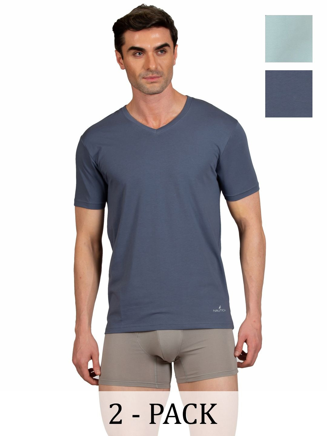 Nautica Men Pack Of 2 Solid Elastane Lounge V Neck T-Shirts