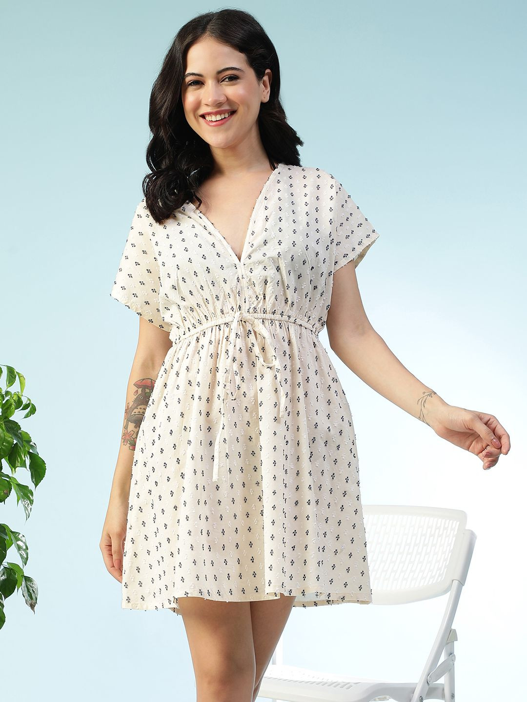 Oxolloxo Printed V-Neck Swimwear Cotton Cover-Up Top with Tie-Up String