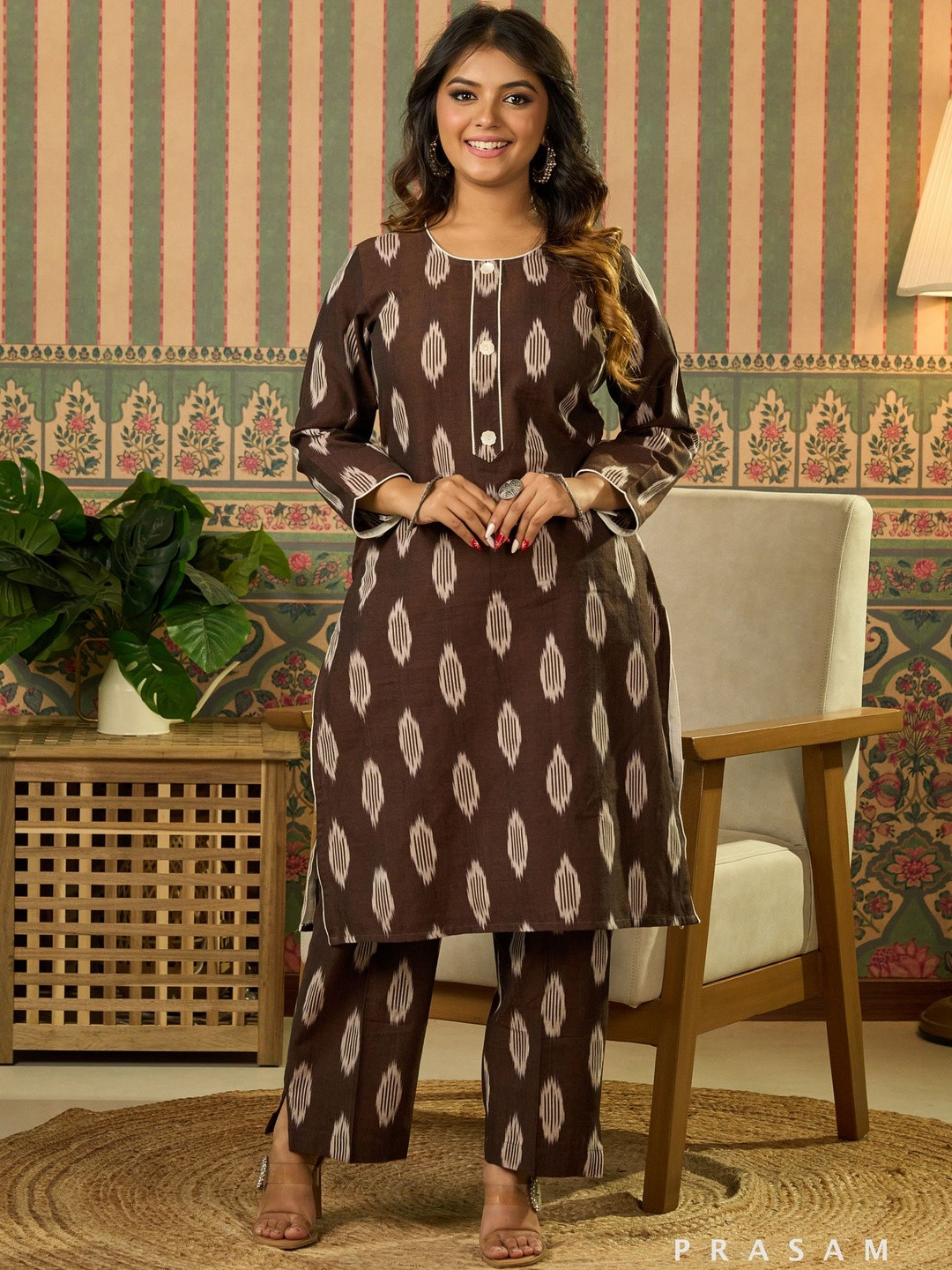 Prasam Abstract Printed Round Neck Pure Cotton Straight Kurta With Trouser