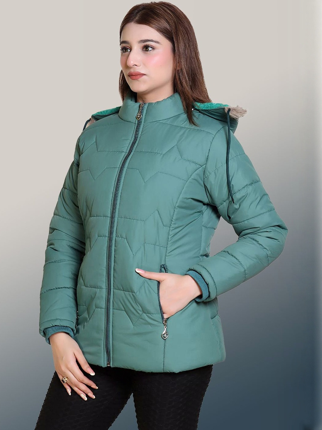 Olive Green Women Hooded Puffer Jacket with Solid Design