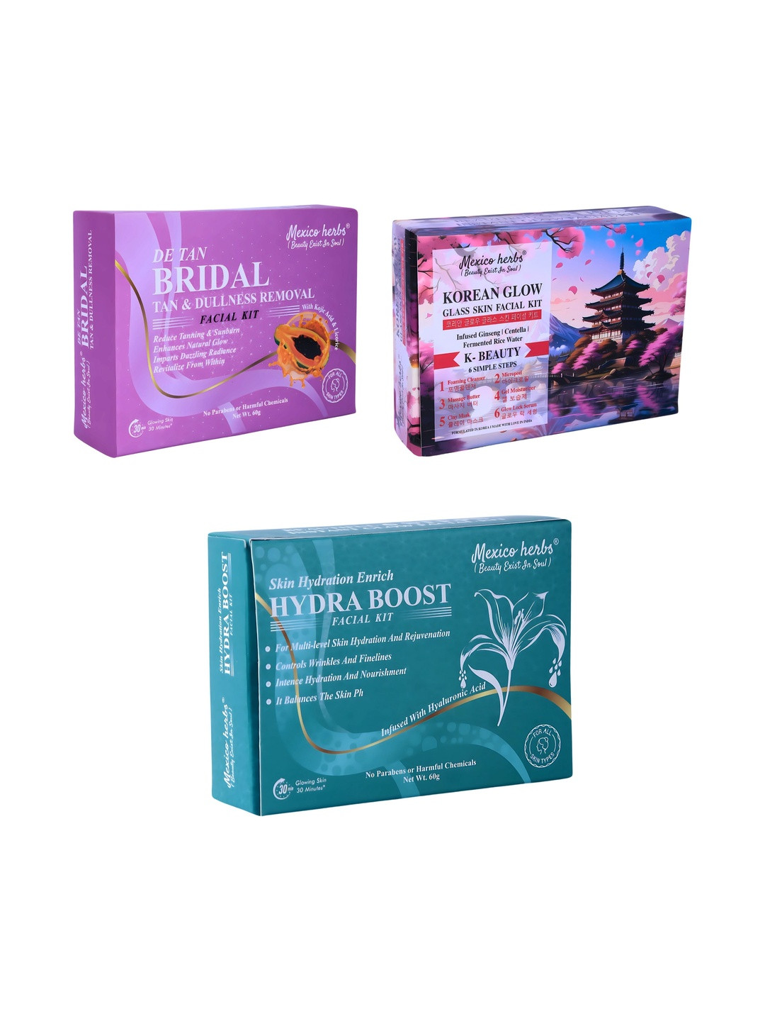 Mexico herbs Set Of 3 De-Tan Bridal, Korean Glow & Hydra Boost Facial Kit - 10 g Each