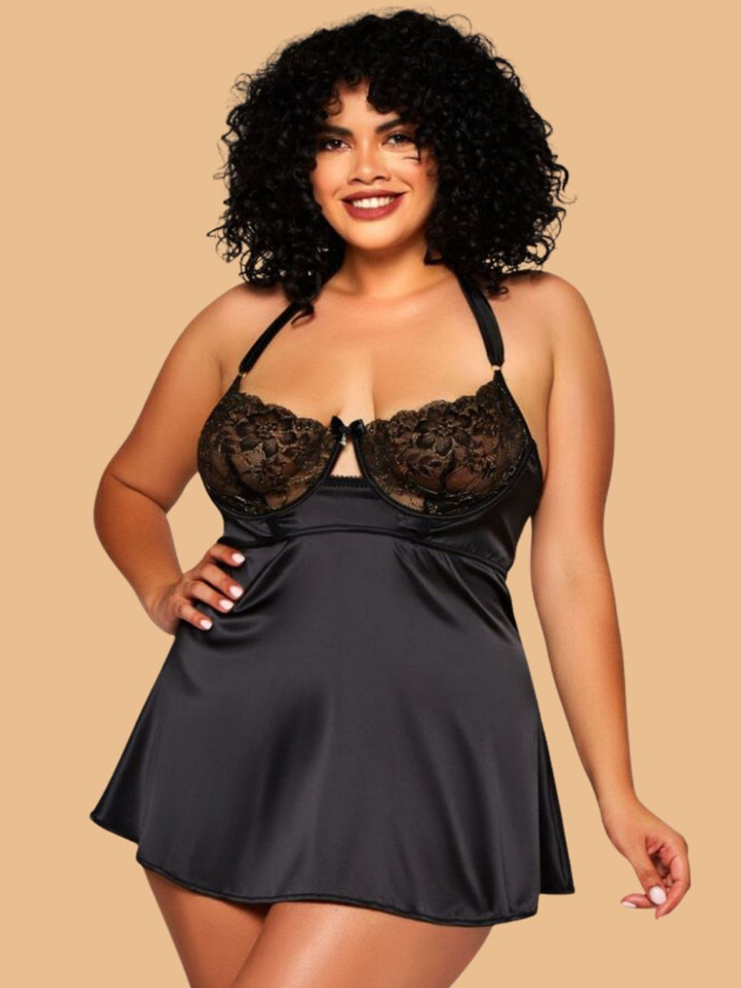 ZERJAMA Women Plus Size Self Design Halter Neck Baby Doll with Briefs