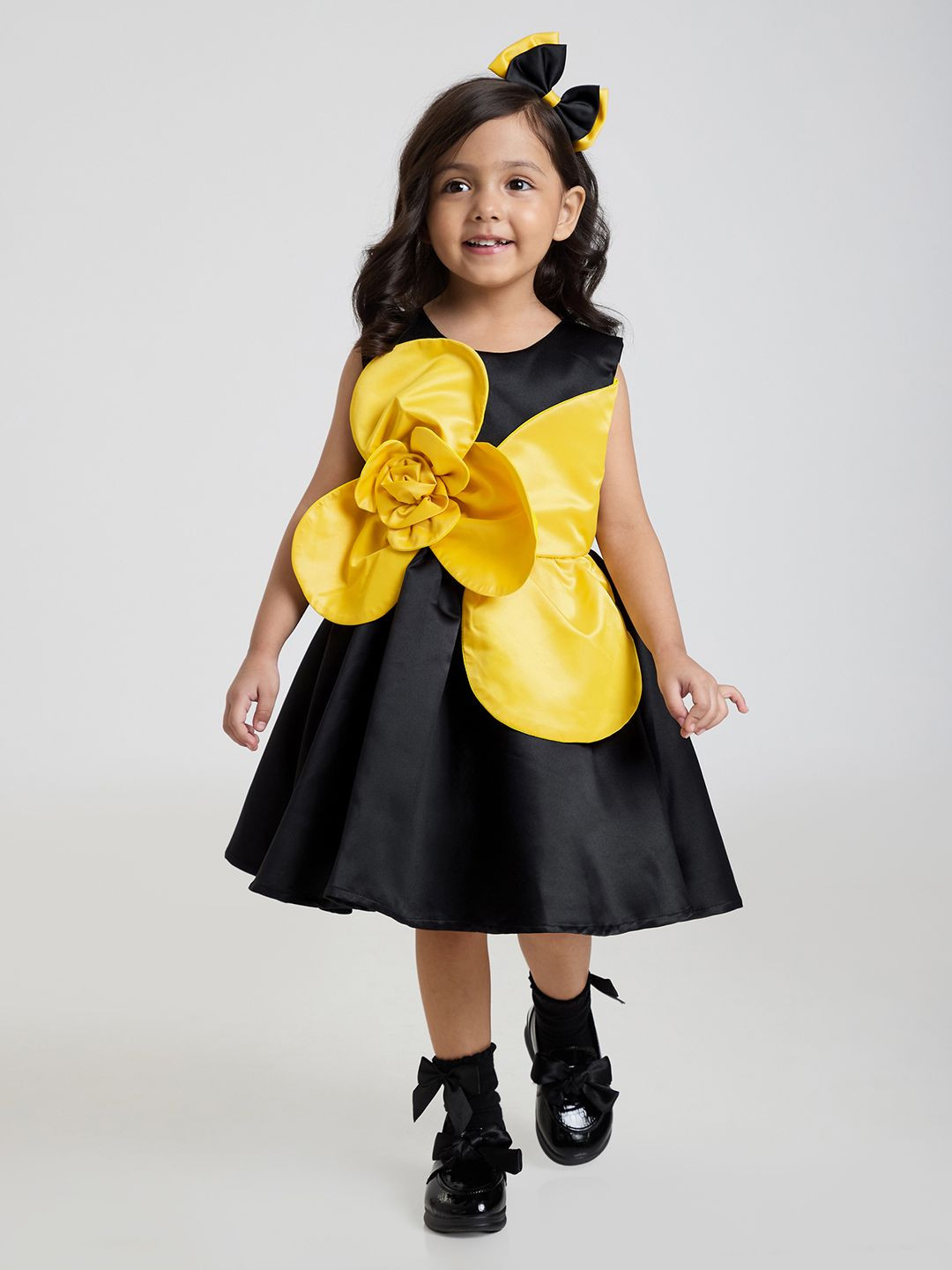 Hopscotch Girls Black and Yellow Floral Applique Sleeveless Dress