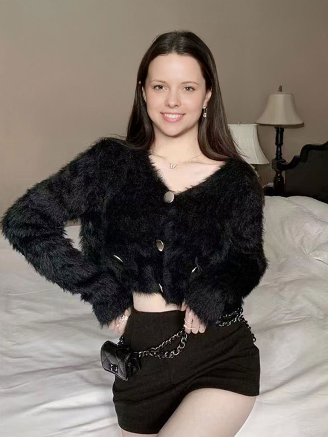 StyleCast Women Solid V-Neck Long Sleeve Crop Cardigan