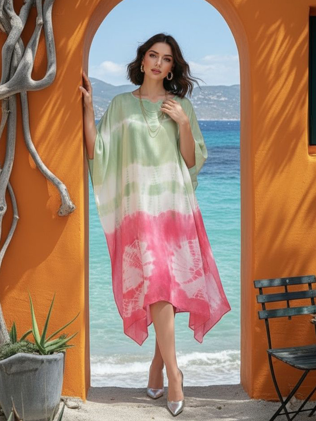 Chandbaali Women Tie and Dye Dyed Kimono Sleeve Kaftan Dress
