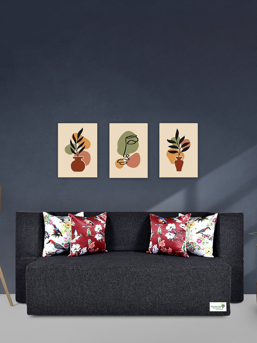 FRIENDS LIFE Grey & White 4 Seater Fold Out Sofa Cum Bed 4 With Pillows