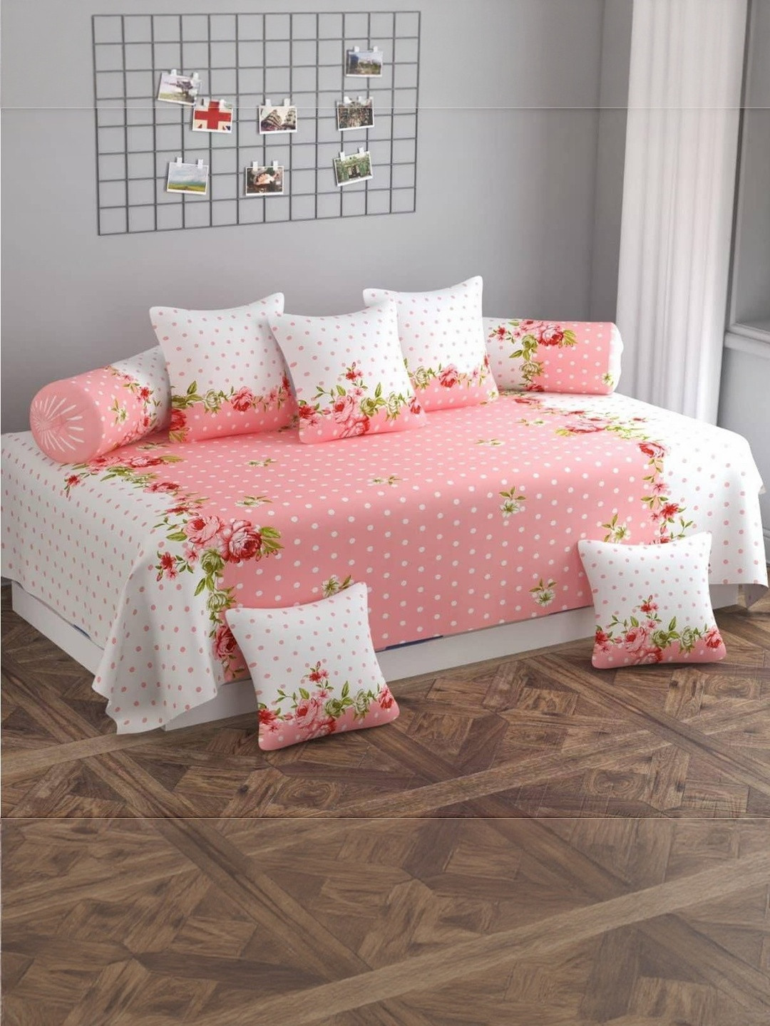 Filymore Set Of 8 Pink & White Floral Printed Diwan Set