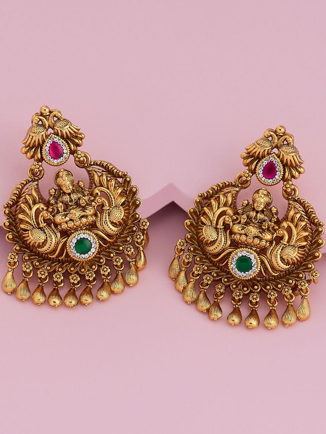 Kushal's Fashion Jewellery Gold-Plated Ruby Crescent Shaped Chandbalis Earrings