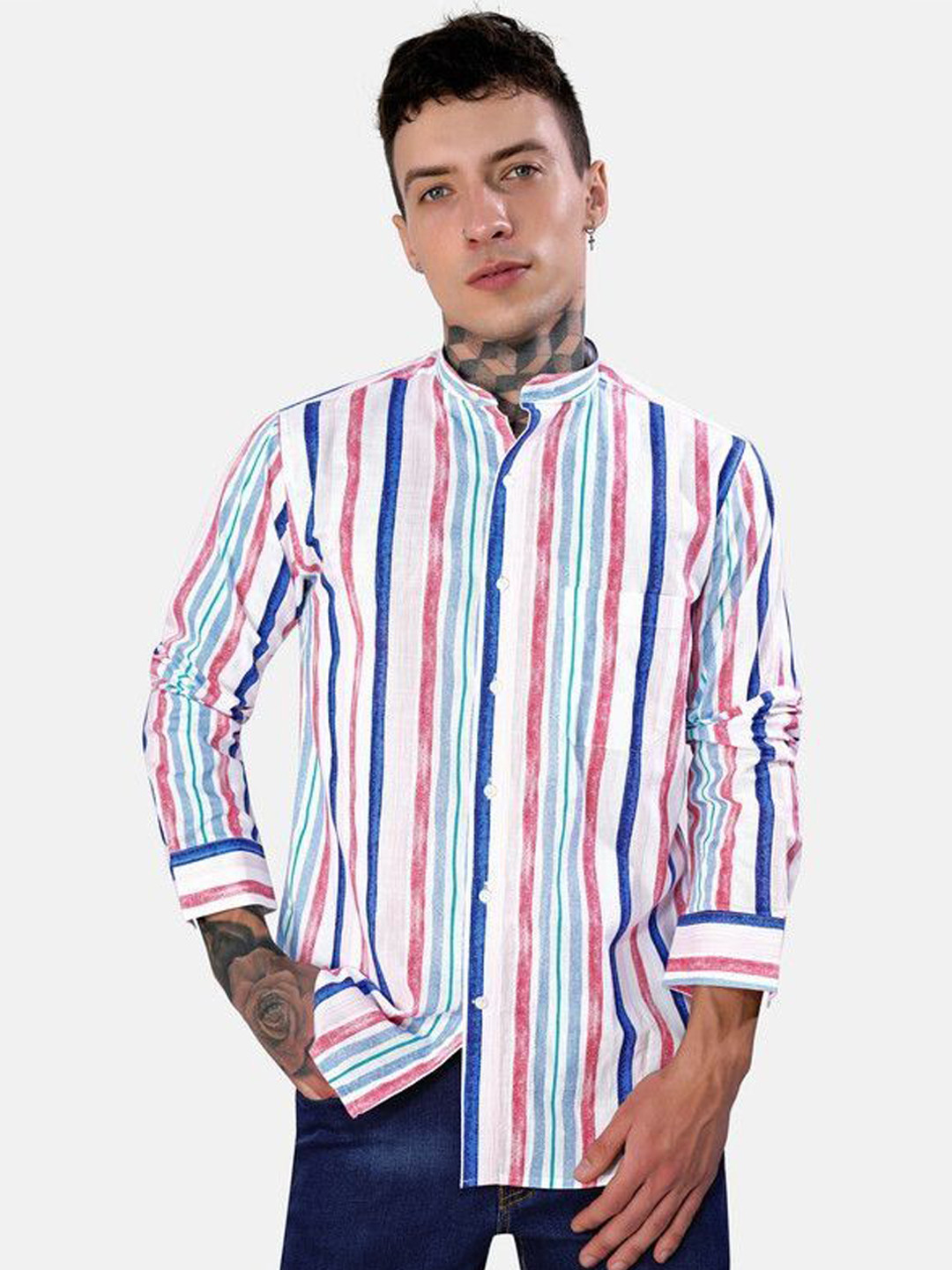 FRENCH CROWN Men Vertical Stripes Striped Standard Mandarin Collar Cotton Casual Shirt