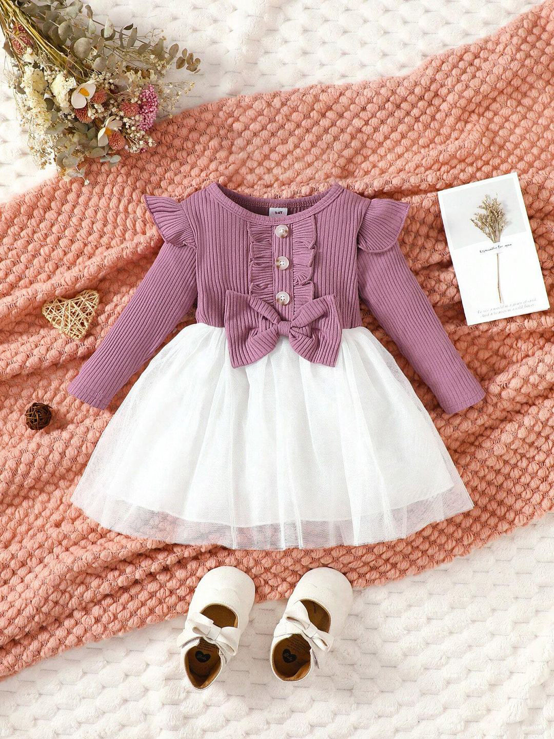 YK Girls Ribbed Round Neck Long Sleeve Fit and Flare Dress