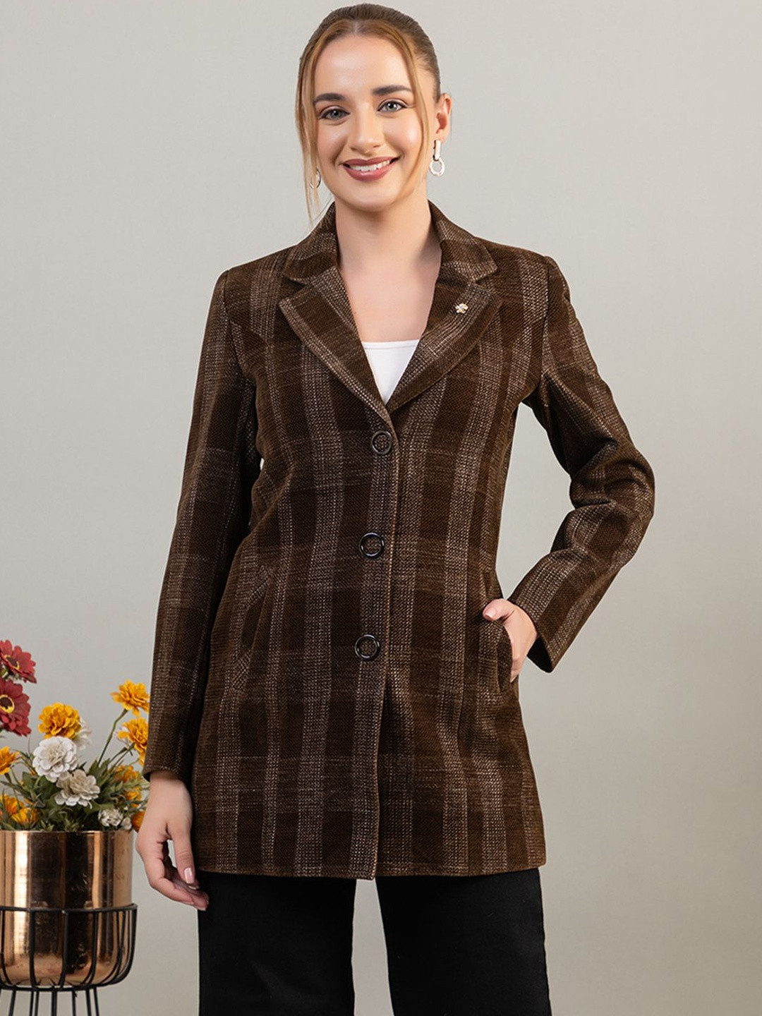 TWENTY ME Women Checked Single-Breasted Notched Lapel Silk Overcoat