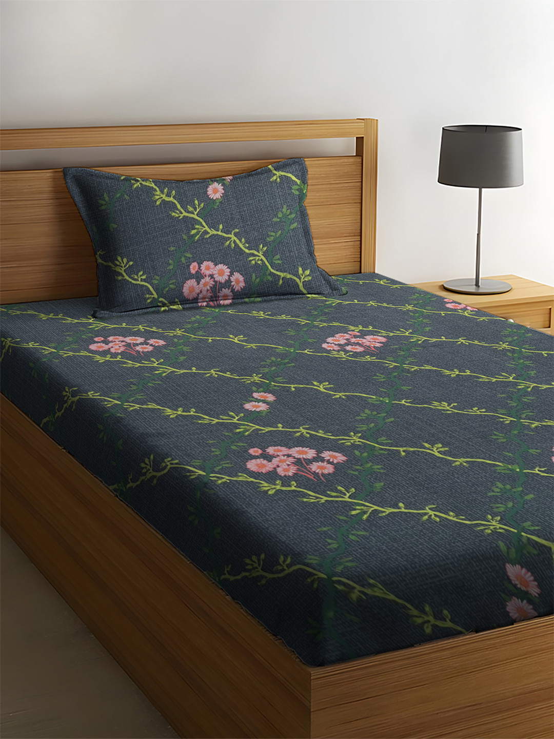WEAVE AND DECOR Grey & Green Printed Pure Cotton 300 TC Single Bedsheet Set 1.52 x 2.28 m