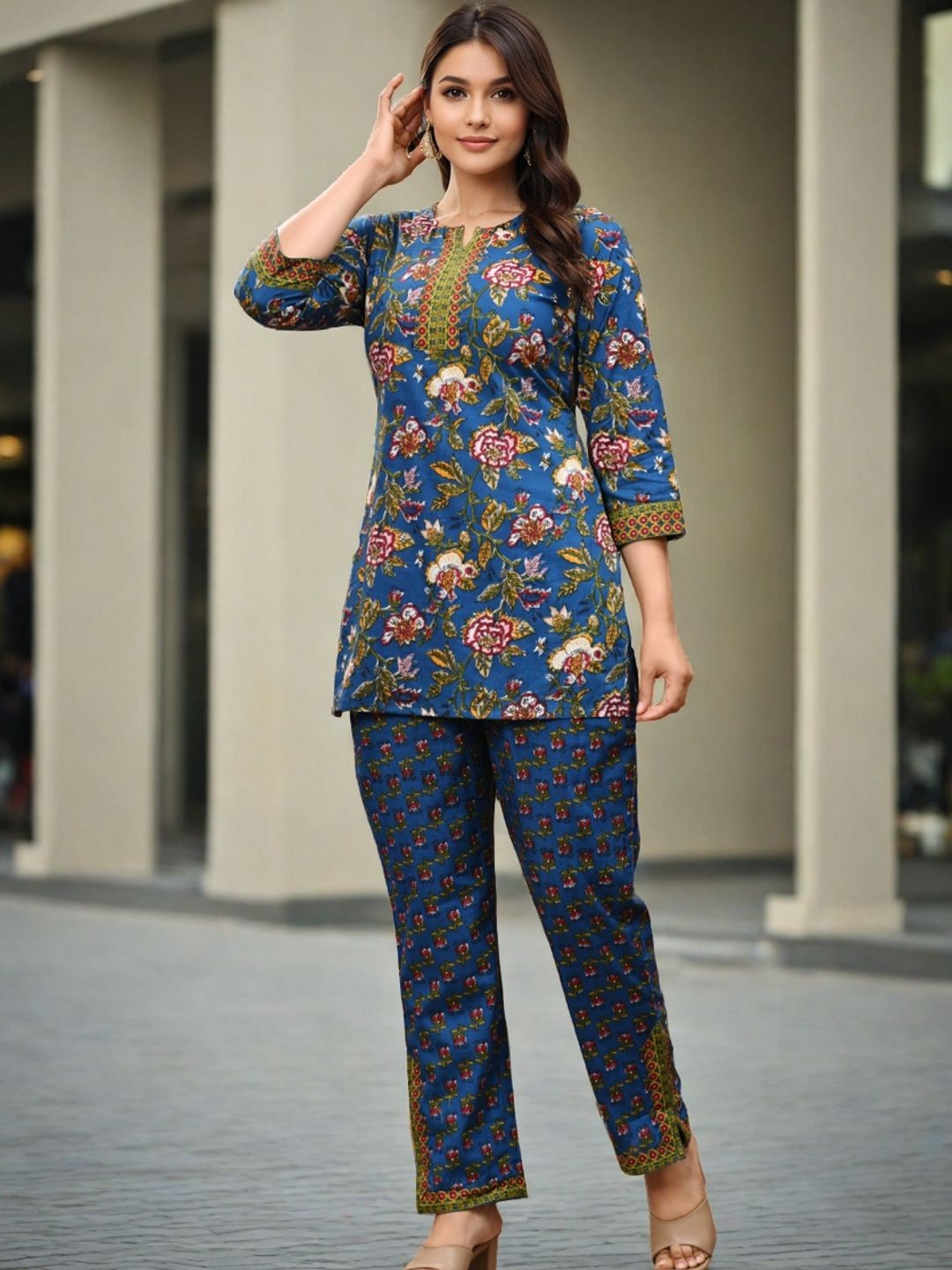 OZIA Blue Printed Cotton Tunic and Trousers Co-Ords