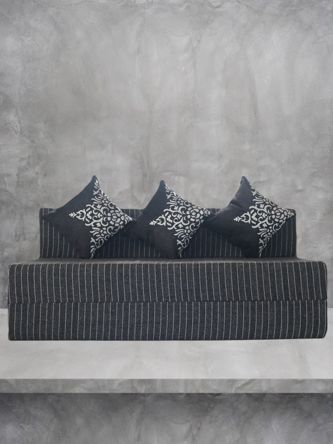 FRIENDS LIFE White & Black Striped 3 Seater Fold Out Sofa Cum Bed With Pillows