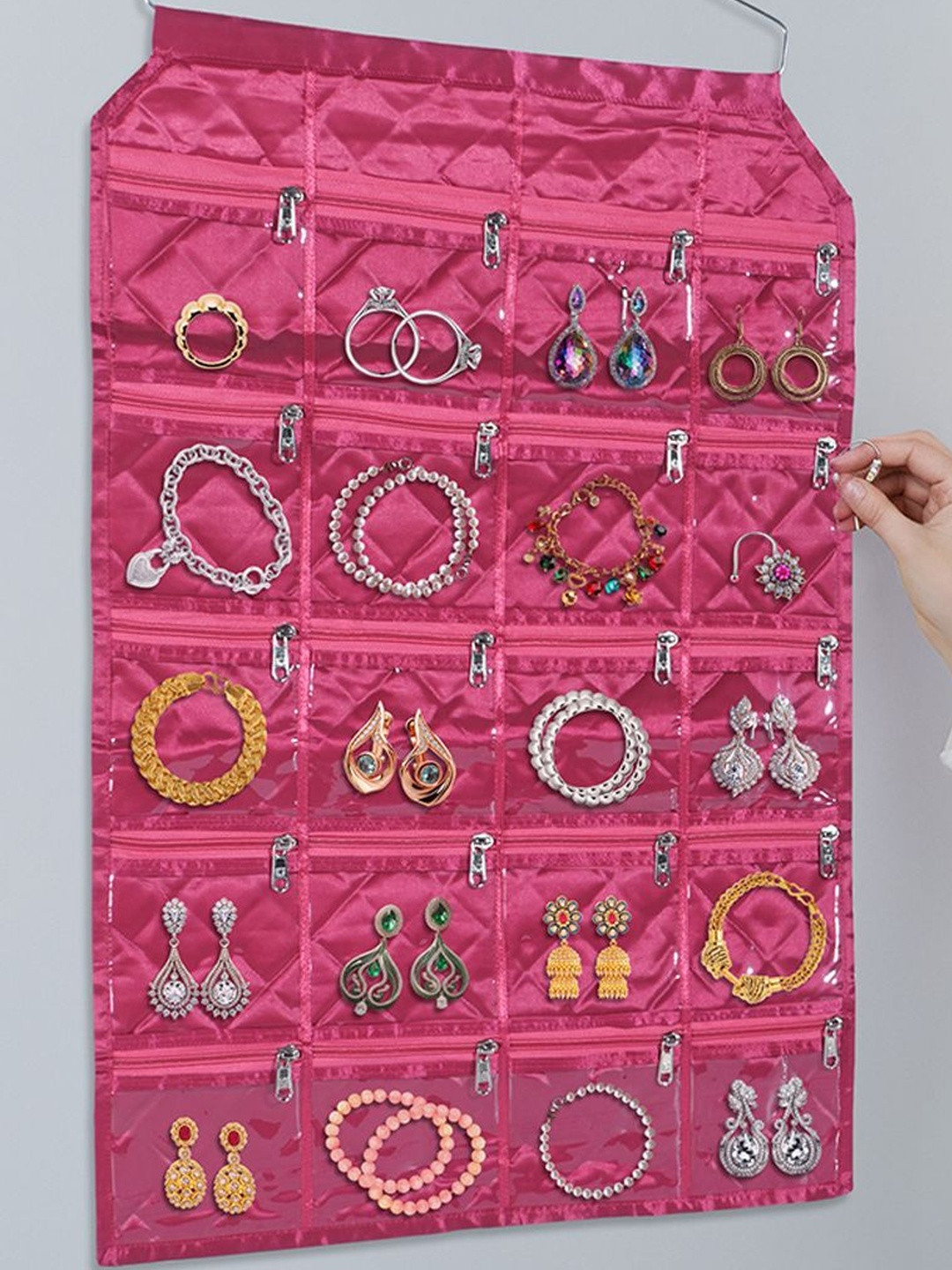 Aura Pink Satin Hanging Jewelry Organiser with 20 Pockets