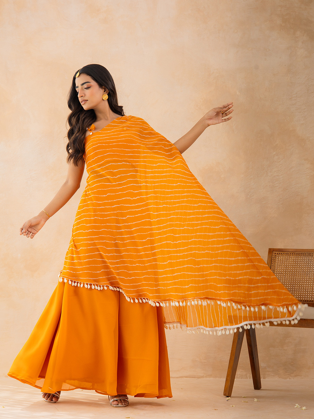 KAORI BY SHREYA AGARWAL Yellow Leheriya One-Shoulder Drape Cape Set with Palazzo & Choli