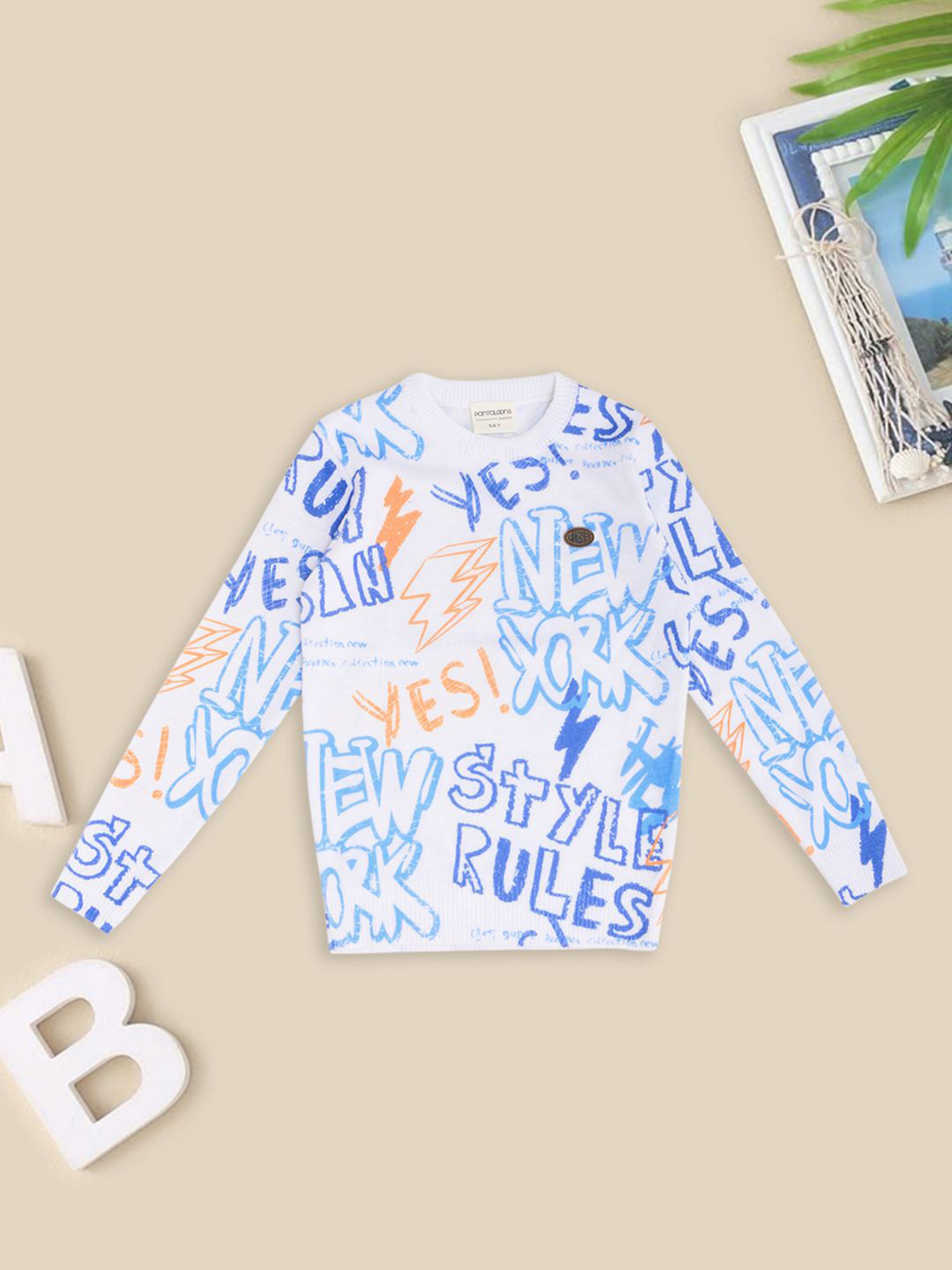 Pantaloons Junior Boys Typography Printed Round Neck Ribbed Pullover Sweater
