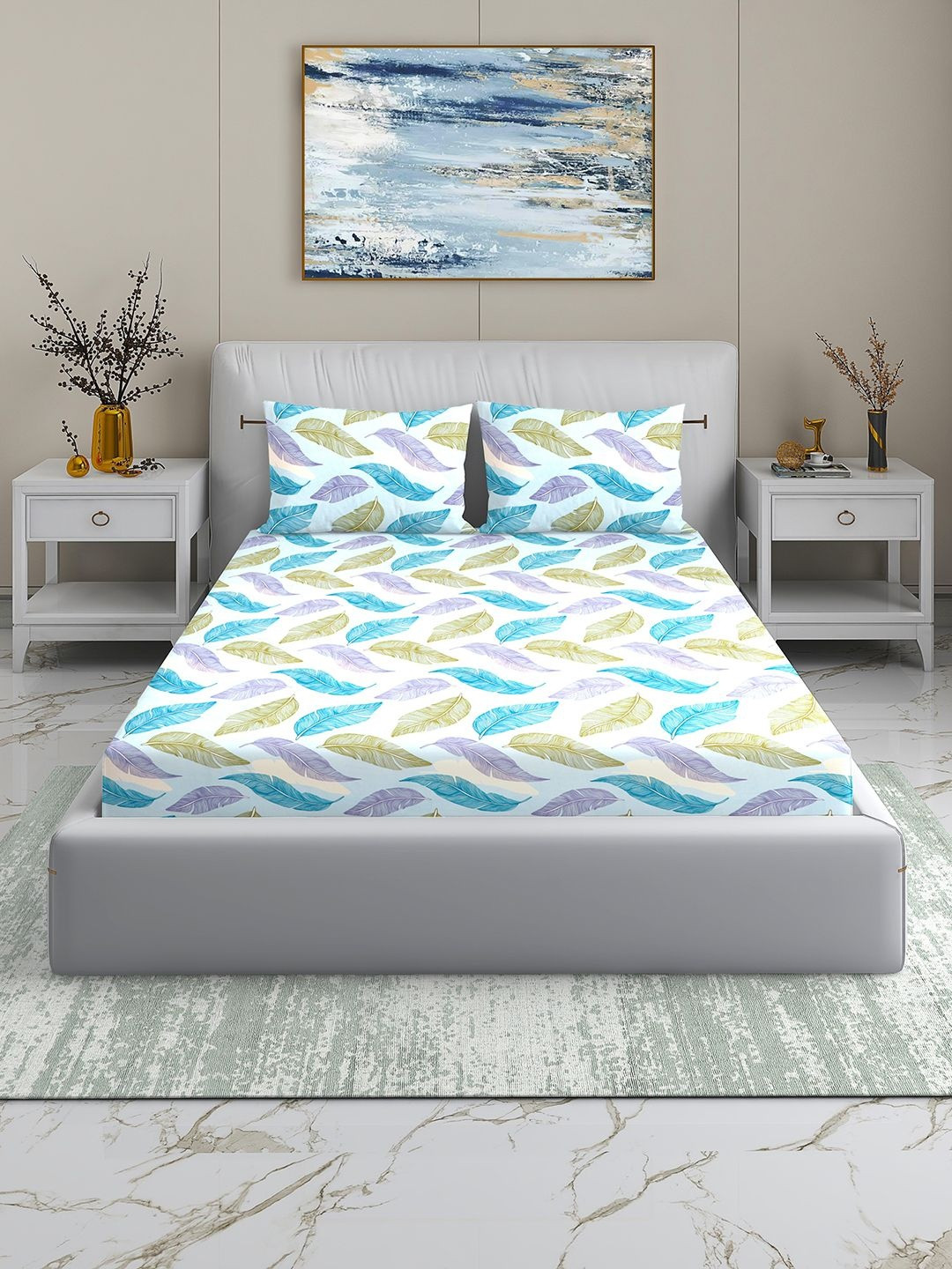 Aura White & Blue Leaf Printed Cotton 220 TC Double King Bedsheet 108 x 108 inch