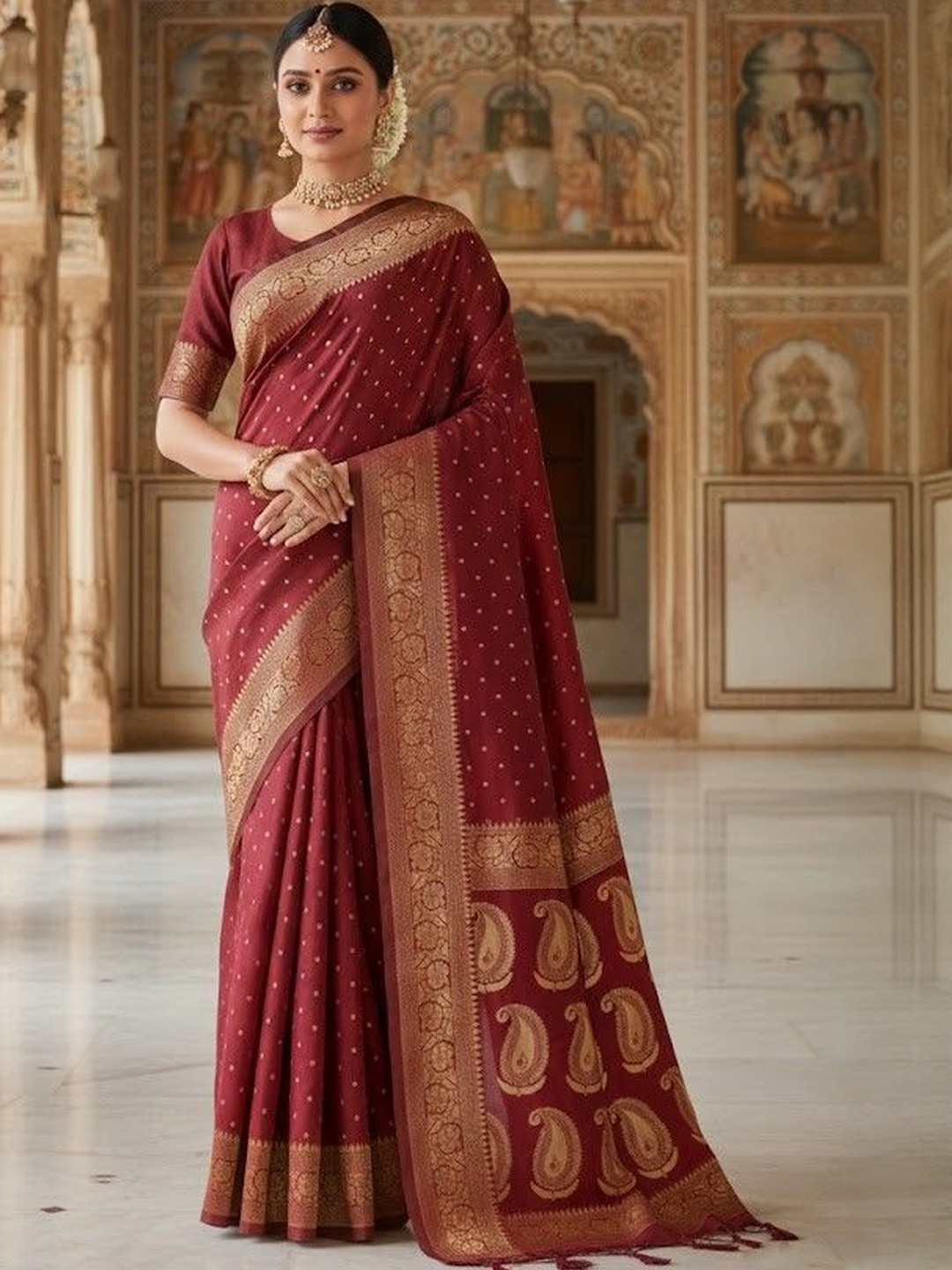 Bindi Fashion Paisley Zari Silk Blend Handloom Banarasi Saree