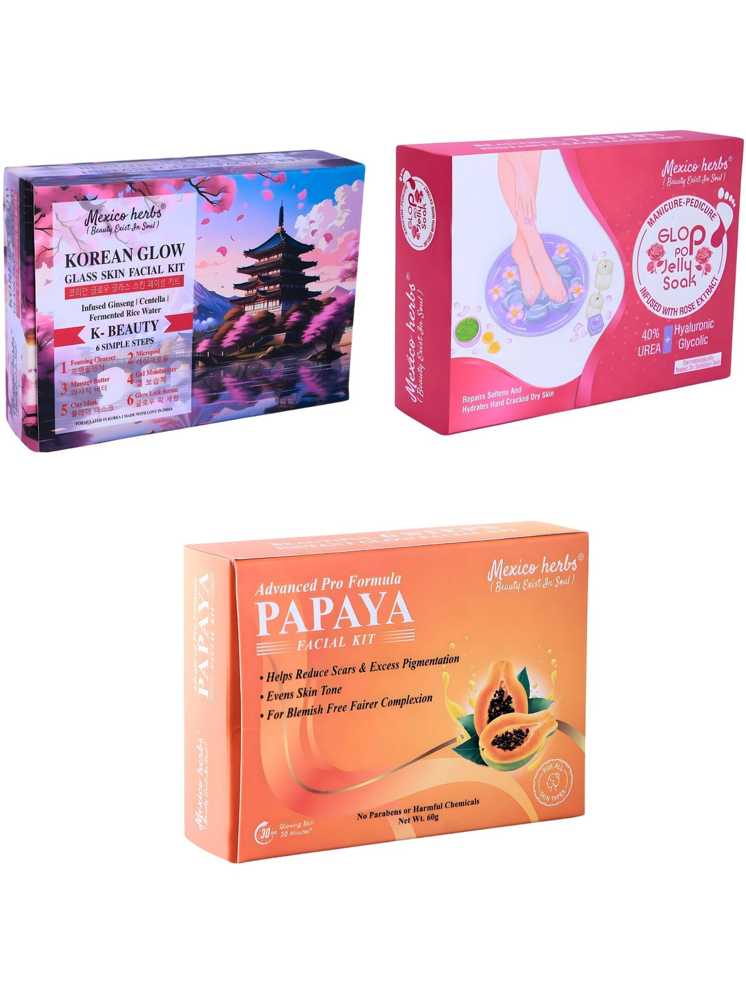 Mexico herbs Set Of 3 Glop Pop Manicure Pedicure Kit & Korean & Papaya Facial Kit 60g Each