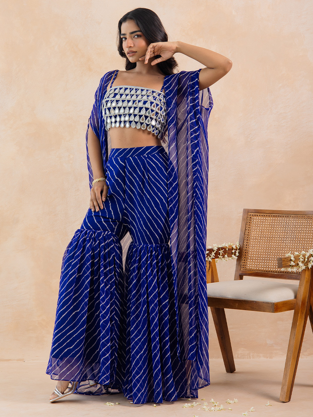 KAORI BY SHREYA AGARWAL Blue Bandhej Printed Mirror Embellished Cape Sharara Set