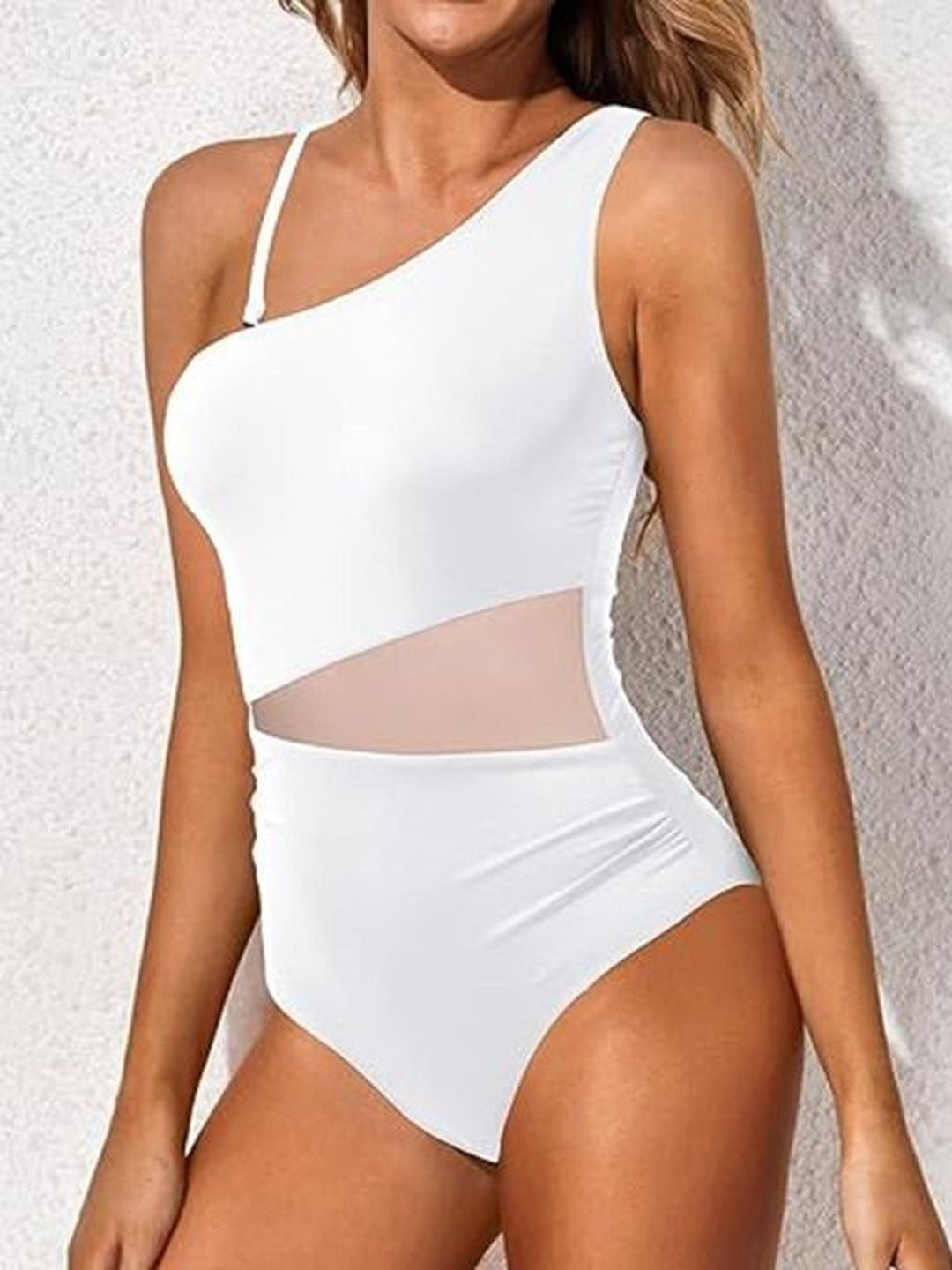 Women Fuzzy One Shoulder Cut Out Swimsuit