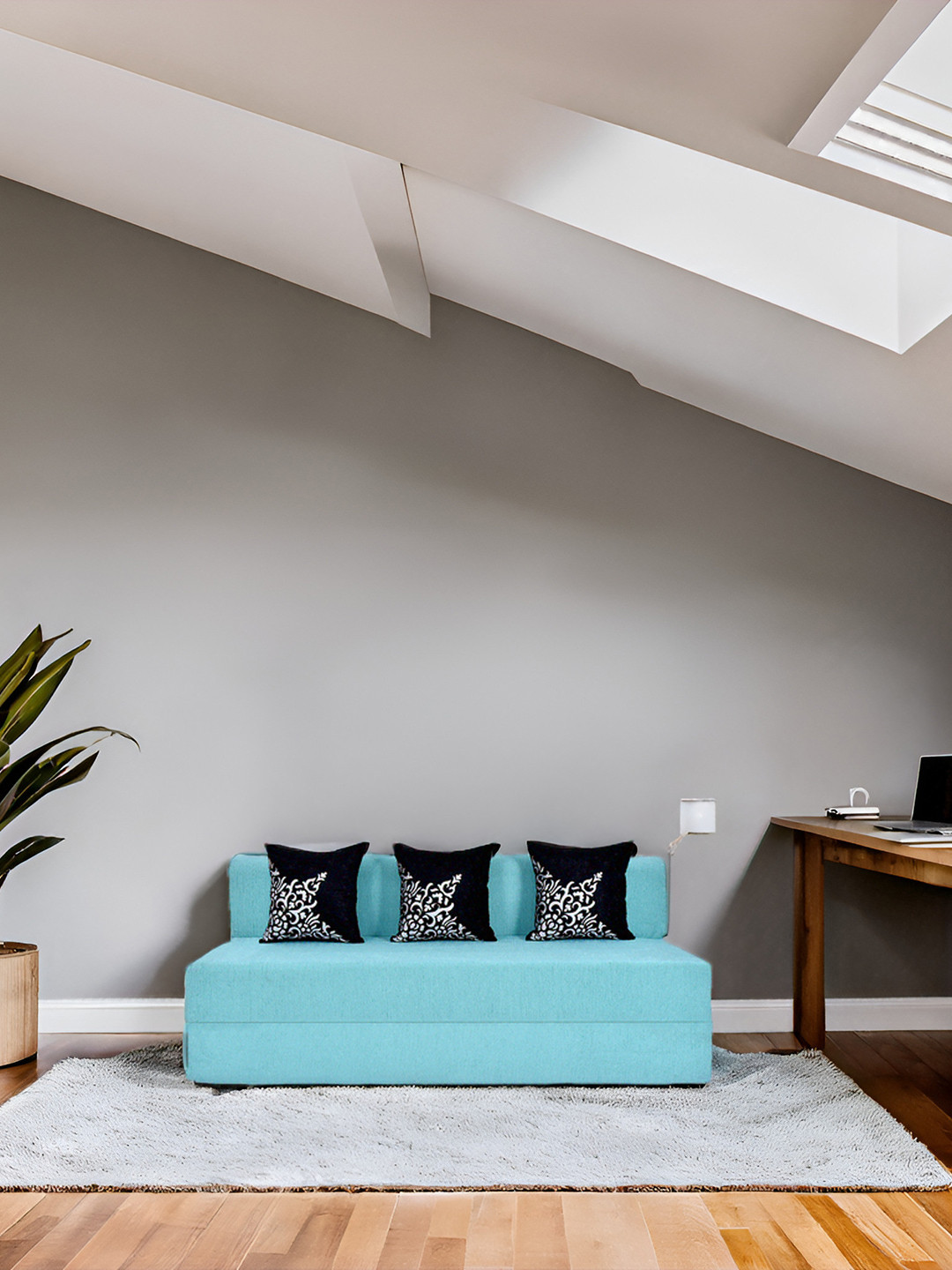 FRIENDS LIFE Blue & Black 3 Seater Comfort Sofa Cum Bed With Pillows