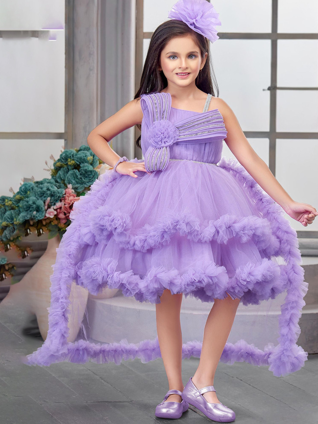 Lagorii Girls Lavender Layered Ruffle Party Frock With Tailback