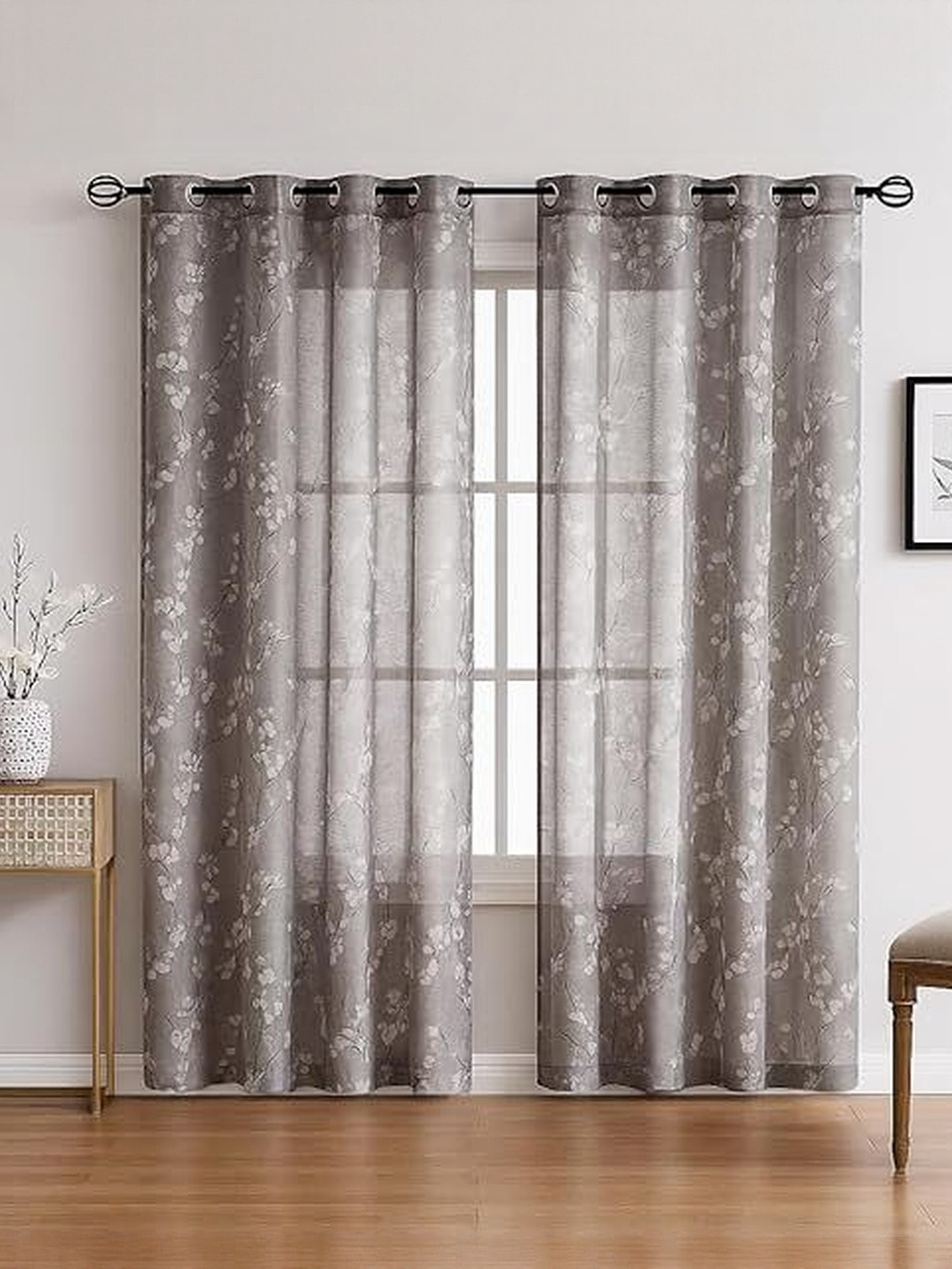 BFAM Dark Grey Floral Set Of 2 Window Sheer Eyelet Curtain