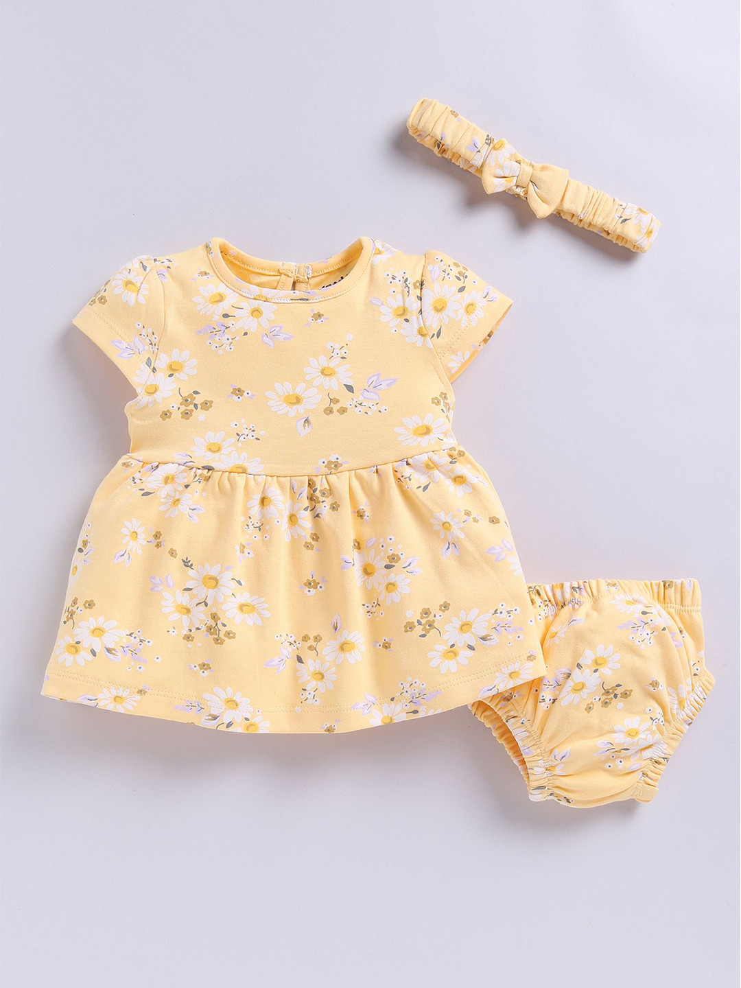 Smart Baby Girls Floral Printed Cotton Fit and Flare Dress With Headband and Boomer