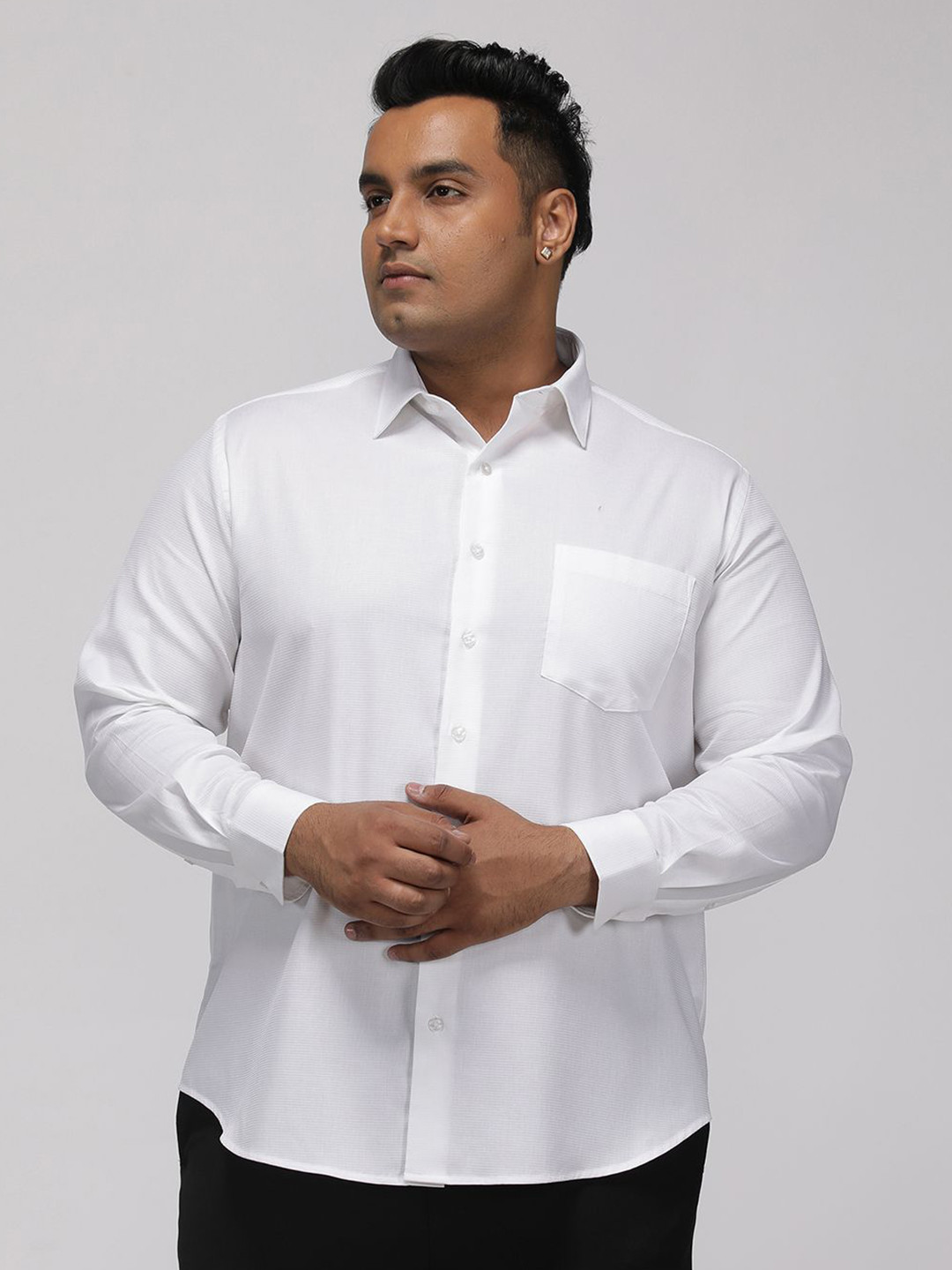 Big Hello - The Plus Life Classic Plus Size Textured Spread Collar Cotton Casual Shirt