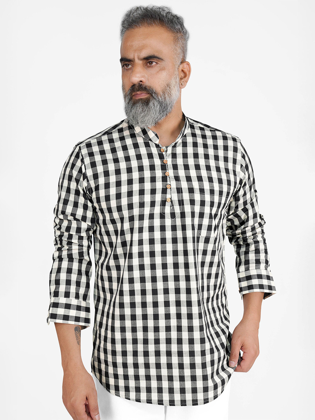 FRENCH CROWN Men Windowpane Checks Checked Standard Mandarin Collar Casual Cotton Shirt
