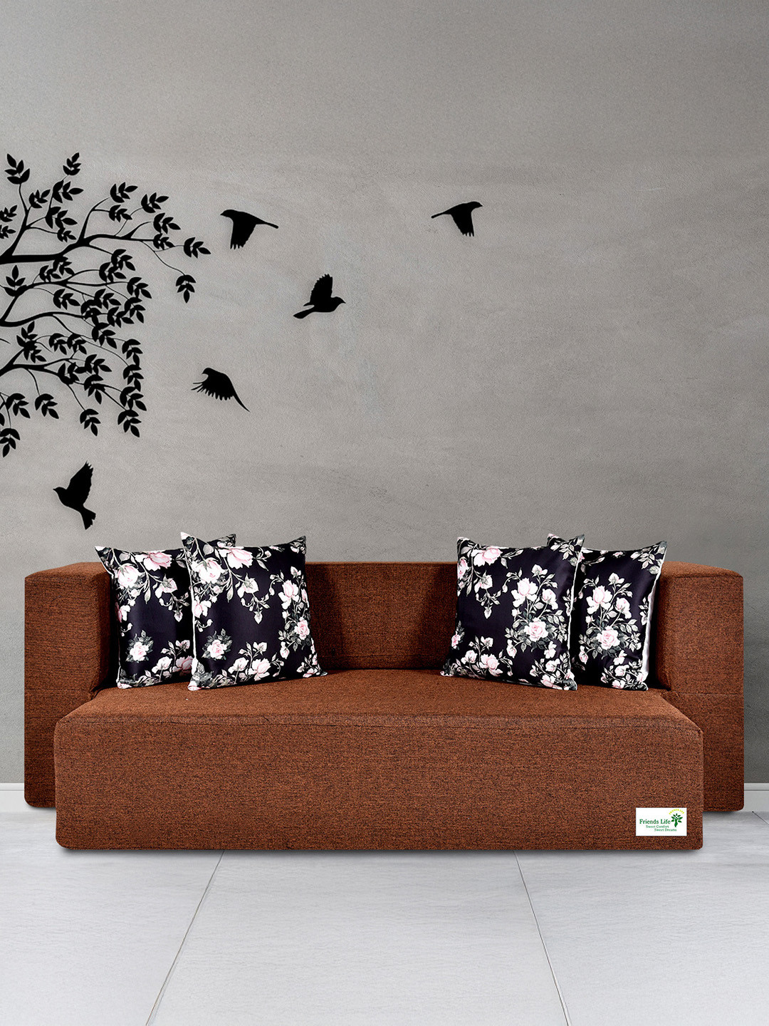 FRIENDS LIFE Brown & Black 3 Seater Fold Out Sofa Cum Bed With 4 Pillows